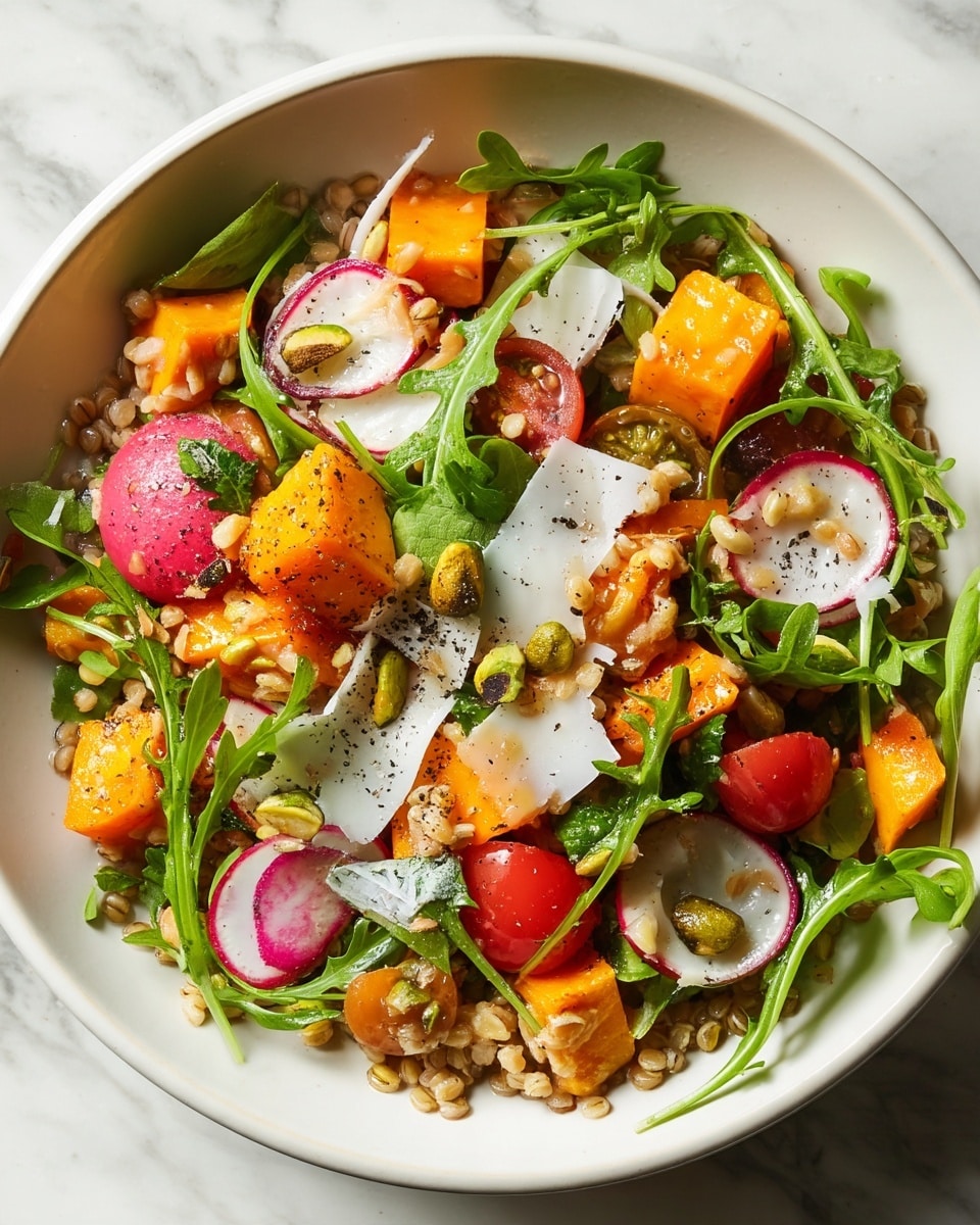 A close-up of a salad in a white bowl on a white marbled surface, showing a mix of colorful layers: the base is light brown grains mixed with roasted orange sweet potato chunks, topped with bright red halved cherry tomatoes and thin slices of radish with white centers and pink edges. Fresh green arugula leaves and spearmint leaves are scattered on top, along with small green pistachios and large white shavings of cheese, all lightly seasoned with black pepper. photo taken with an iphone --ar 4:5 --v 7