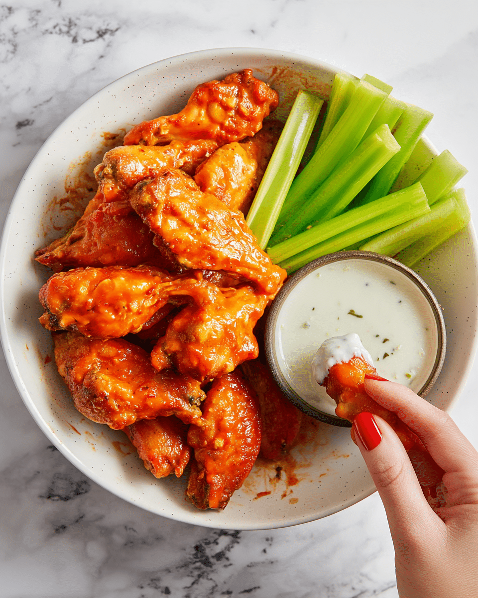 A white bowl filled with golden orange buffalo chicken wings coated in a shiny, spicy sauce, piled high in the center. On the left, crisp celery sticks with a bright green color are arranged next to the wings. On the right, a bowl of creamy white ranch dressing with specks of herbs sits partially buried under the wings. A woman's hand with red nail polish is dipping a chicken wing into the ranch sauce, adding a fresh and colorful touch. The bowl sits on a white marbled surface with some sauce smudges around the edges. photo taken with an iphone --ar 4:5 --v 7