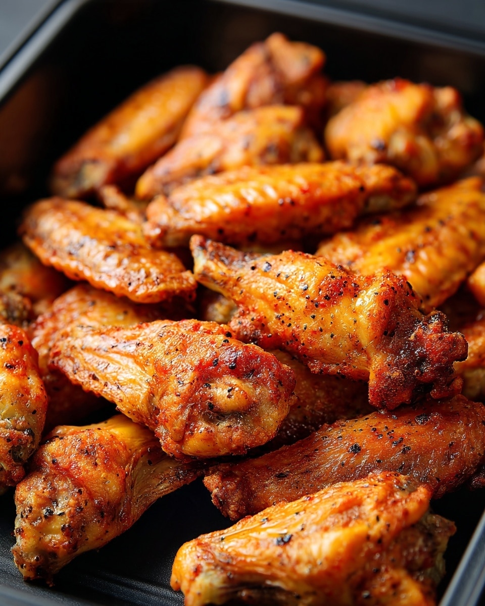 The image shows a deep black tray full of cooked chicken wings. The wings are golden brown with a slightly crispy texture and small black pepper spots visible on their surface. The wings are piled up in several layers, with some wings laying flat and others slightly tilted, showing the juicy inside parts. The black tray contrasts with the warm orange and brown tones of the wings, making them look hot and ready to eat. photo taken with an iphone --ar 4:5 --v 7