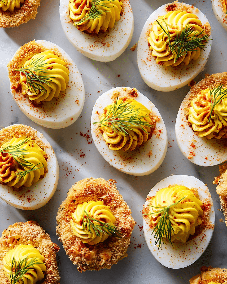 The image shows many oval-shaped deviled eggs arranged closely on a white marbled surface. Each deviled egg has three layers: the bottom layer is a white hard-boiled egg half, the middle layer is a rough, light brown breadcrumb coating around the egg white part, and the top layer is a swirl of bright yellow creamy filling with a smooth texture. Each swirl is sprinkled with red paprika and garnished with a small sprig of fresh green dill at the center. The eggs look crisp on the outside and smooth and creamy on top. photo taken with an iphone --ar 4:5 --v 7