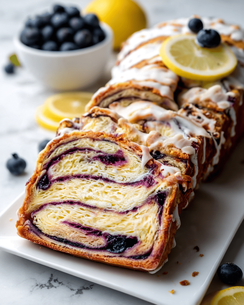 The image shows several slices of a sweet bread with visible swirls of dark purple jam inside a soft, light yellow dough. Each slice has a crisp golden brown crust around the edges and a shiny white icing lightly spread on top of some slices. The bread’s texture looks fluffy and moist with a marbled pattern of jam swirling through every slice. The slices are laid out flat on a white marbled surface in a close-up view, showing the detailed contrast between the jam and the dough. photo taken with an iphone --ar 4:5 --v 7