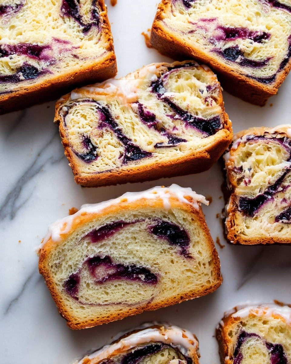A freshly sliced braided bread loaf sits on a white plate with a soft white marbled texture underneath. The bread shows several layers of light golden dough swirled with dark purple blueberry filling creating a spiral pattern inside each thick slice. On top, a white glaze covers the bread unevenly with drips down the sides and small crumbs sprinkled over. A thin lemon wedge and a few whole blueberries rest on top of the loaf, adding color contrast. In the background, a small white bowl filled with blueberries is slightly out of focus. Photo taken with an iphone --ar 4:5 --v 7