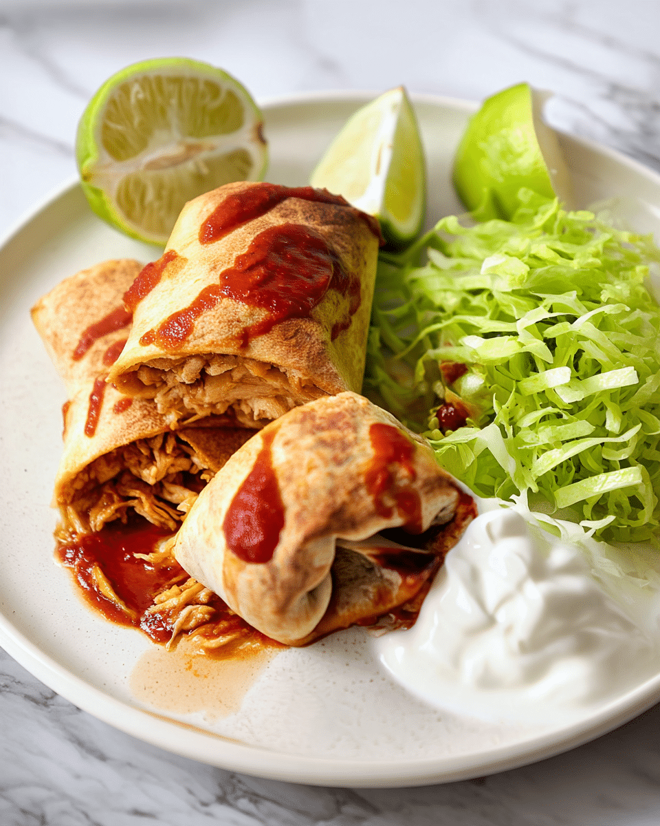 The image shows a white plate with two folded burritos topped loosely with reddish-brown sauce; the burritos have a soft, toasted beige tortilla with visible texture. One burrito is cut open revealing shredded chicken inside with a light brown color. Around the burritos there are three bright green lime wedges, some shredded light green lettuce, and a sizable amount of white sour cream with a smooth, creamy texture on the right side of the plate. The plate is set on a white marbled textured surface, with some reddish sauce spots on the plate. Photo taken with an iphone --ar 4:5 --v 7