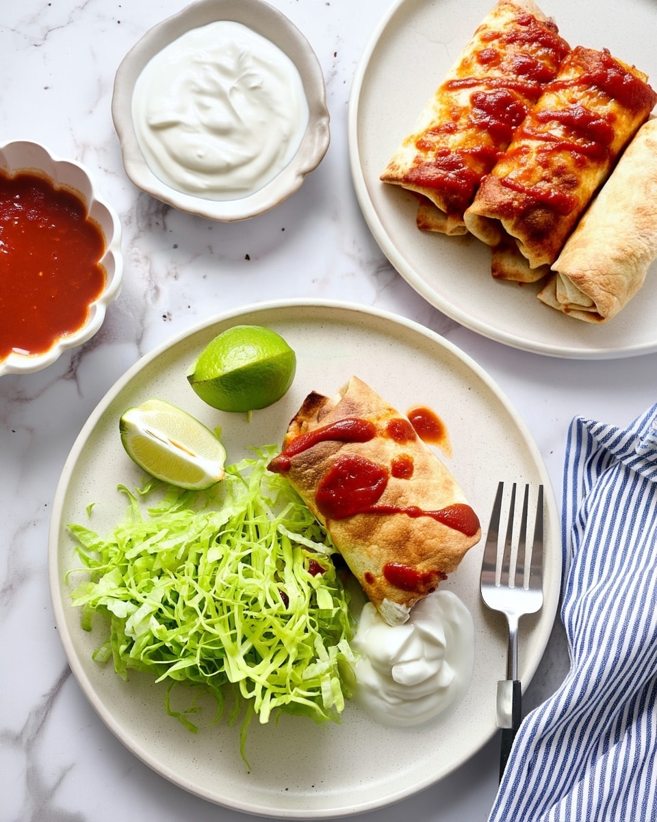 A white round plate holds a lightly browned rolled burrito drizzled with red sauce on top, placed on the left side of the plate beside a mound of shredded green lettuce and dollops of white sour cream at the bottom left; near the lettuce are two lime halves, one standing vertically and one lying horizontally. Below the plate is a fork with a black handle. To the top right is another white round plate with two more browned burritos stacked slightly overlapping. Above the plates are two small white ceramic bowls, one filled with thick white sour cream and the other with red salsa sauce. All items rest on a white marbled surface with a blue and white striped cloth partially visible on the bottom right. photo taken with an iphone --ar 4:5 --v 7