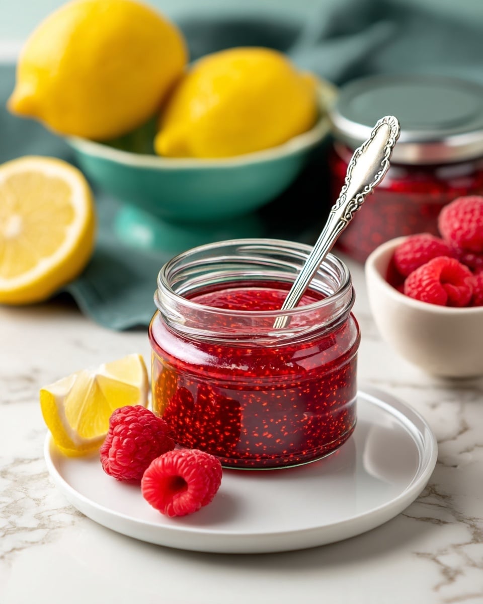 A small glass jar filled with bright red raspberry jam with visible seeds stands on a white plate. A silver spoon with ornate details is placed inside the jar. Three fresh red raspberries rest on the plate near the jar’s base. In the background, a larger jar of jam with a silver lid sits off to the side, alongside two yellow lemon wedges and a small white bowl filled with fresh raspberries. A teal cloth napkin is casually folded on the white marbled surface behind the jars. photo taken with an iphone --ar 4:5 --v 7