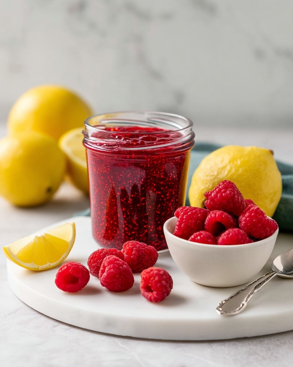 A clear glass jar filled with bright red raspberry jam showing small raspberry seeds and a thick texture sits on a white marbled round board. To the right of the jar is a small white bowl filled with fresh, plump raspberries with a rough textured back layer of green cloth. Several fresh raspberries are scattered in front of the jar and small lemon wedges are on the left side of the board. A silver spoon lies flat next to the board's edge, all placed on a white marbled surface with a blurred white marbled background. photo taken with an iphone --ar 4:5 --v 7