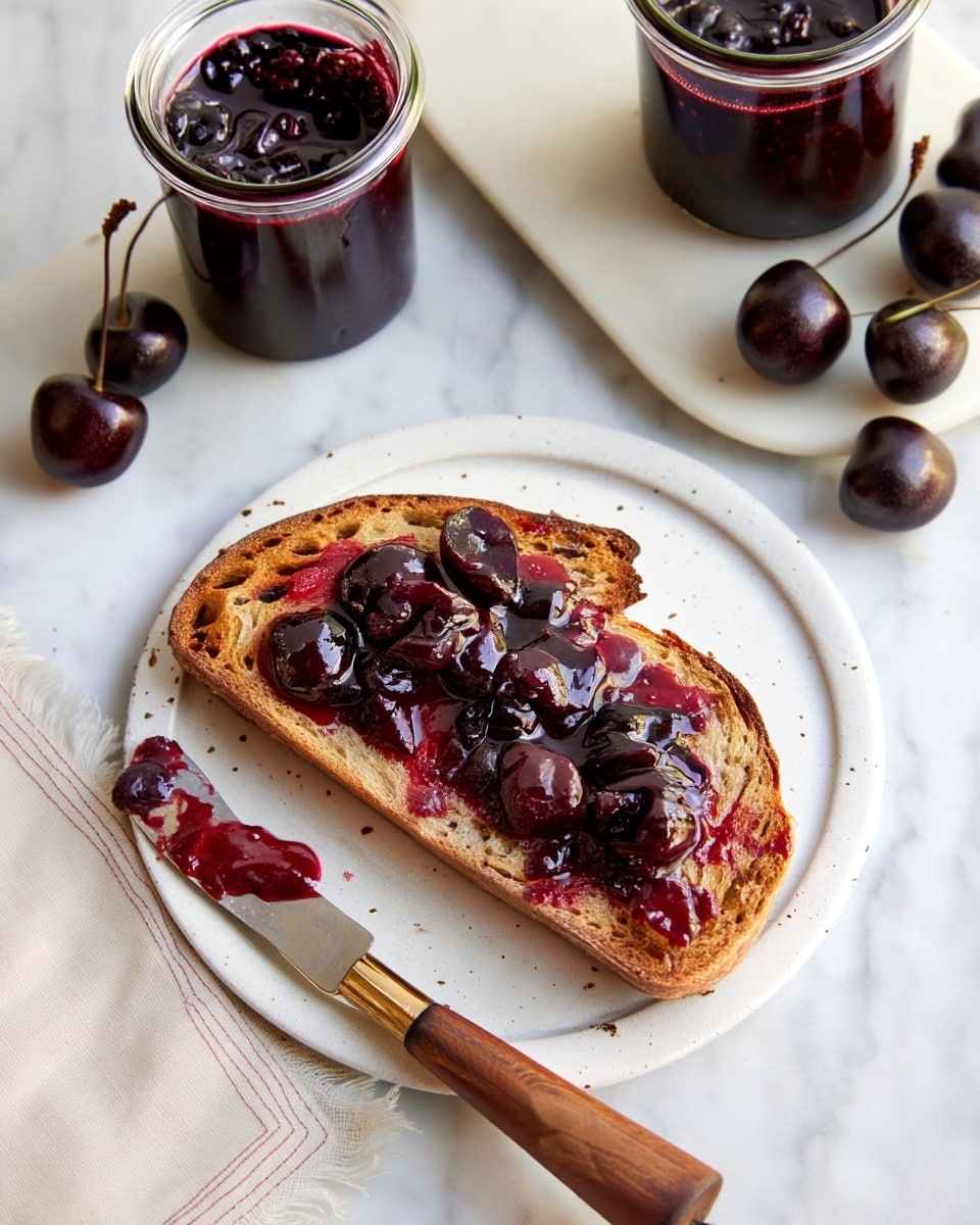 The image shows one slice of toasted brown bread on a white speckled plate. The toast has a rough texture with holes and is spread with a thick layer of dark red cherry jam that has whole cherry pieces in it. On the plate, there is a knife with a wooden handle smeared with some jam. Surrounding the plate are small glass jars filled with the same dark red cherry jam. Near the jars, there are fresh dark red cherries with stems. The items rest on a white marbled surface, with part of a white marbled cutting board visible in the upper part of the image. photo taken with an iphone --ar 4:5 --v 7