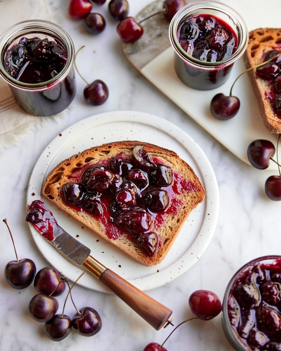 A single slice of toasted bread with a crunchy brown crust sits centered on a white speckled plate. The toast is generously spread with a thick, glossy dark purple cherry jam with visible large chunks of cherries. Above the plate, there are two clear glass jars filled with the same dark cherry jam, placed on a white marble board. Four dark fresh cherries with stems are scattered near the jars. A vintage butter knife with a wooden handle rests across the bottom left edge of the plate, smeared with some of the cherry jam. The entire scene is set on a white marbled surface with a cream-colored cloth with red stitching partially visible on the left side. Photo taken with an iphone --ar 4:5 --v 7