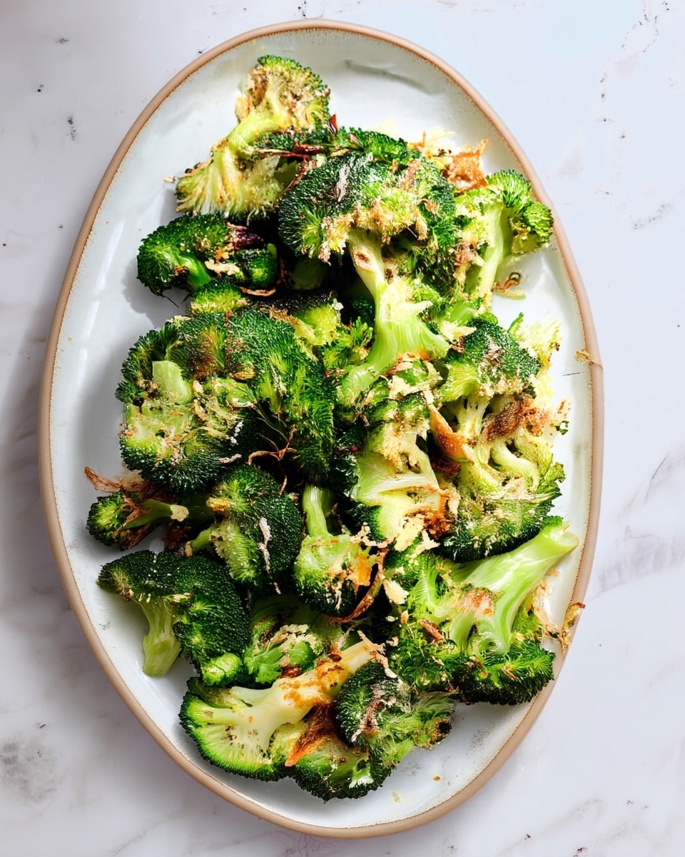 A white oval plate sits on a white marbled surface filled with several large pieces of roasted broccoli. The broccoli florets are bright green with slightly charred, darker green edges and some crispy bits on the surface, showing textured, cracked seasoning sprinkled throughout. Small, light brown shredded bits, likely cheese or breadcrumbs, are scattered on and around the broccoli, adding extra texture. The plate has a thin brown rim that frames the vibrant green broccoli nicely. photo taken with an iphone --ar 4:5 --v 7