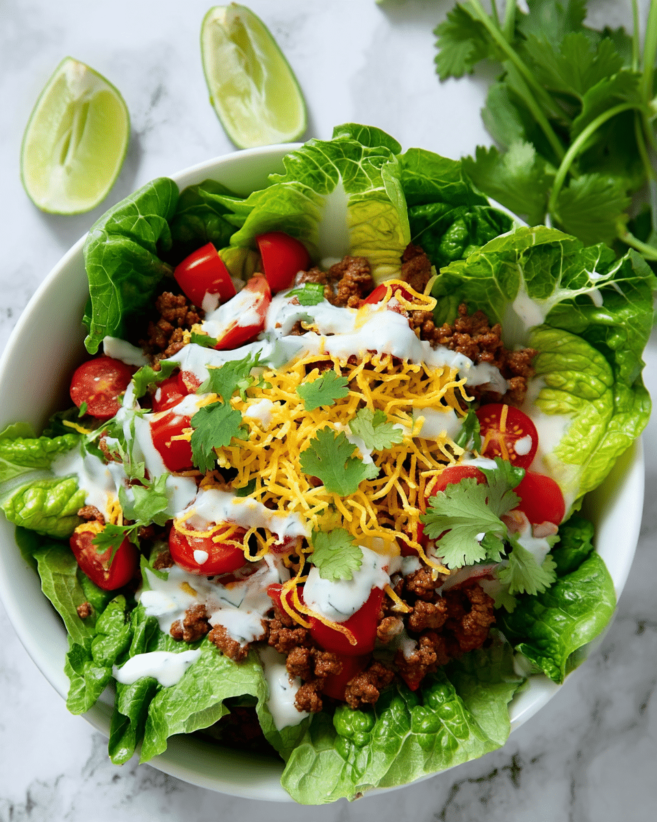 A white bowl filled with fresh green romaine lettuce leaves lining the bottom and sides, topped with a colorful mix of ground beef, red cherry tomato halves, and bright yellow shredded cheddar cheese scattered evenly on top. The dish is finished with a drizzle of creamy white dressing and sprinkled with fresh cilantro leaves. In the background, a white marbled surface holds two lime wedges and a sprig of cilantro, adding a fresh touch to the scene. photo taken with an iphone --ar 4:5 --v 7