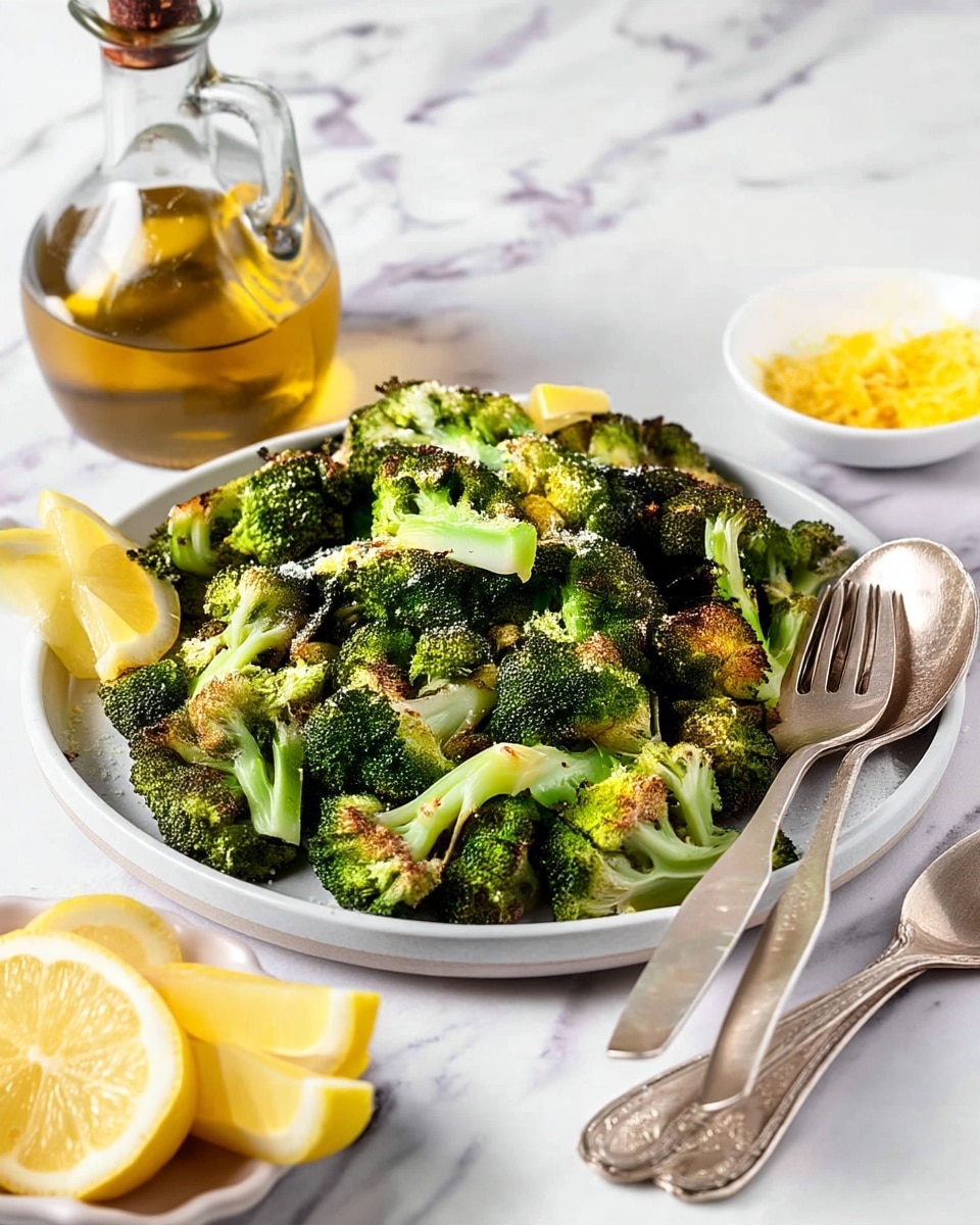 A white plate holds a heap of roasted broccoli florets, showing some browned, crispy edges and bright green stems with a light dusting of grated cheese or seasoning on top. To the left of the plate, there are two lemon wedges placing partially inside the plate's rim, their bright yellow color contrasting with the green broccoli. On the right side of the plate, a set of vintage-style silver serving spoons rest partially on the plate and the white marbled surface beneath. In the background, a transparent glass bottle with a cork top contains golden olive oil, and a small white bowl filled with shredded yellow cheese or zest is positioned nearby, all set on a white marbled surface. photo taken with an iphone --ar 4:5 --v 7