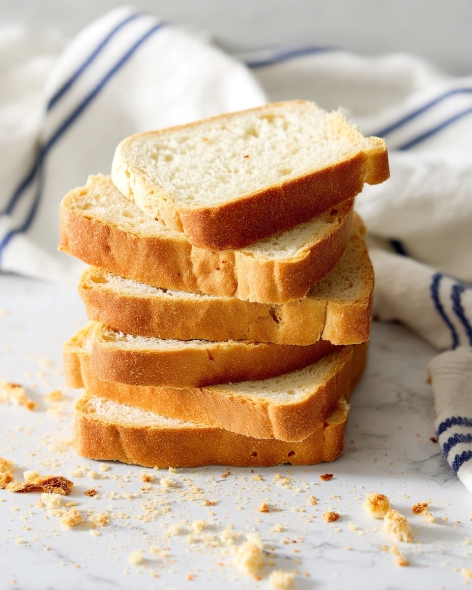 A stack of five slices of light brown bread is shown, with each slice having a soft and slightly crumbly texture. The slices have a golden crust on the edges and a pale, porous center. They are neatly piled on top of each other on a white surface with a white marbled texture, with some bread crumbs scattered nearby. A white cloth with blue stripes is slightly visible in the background. photo taken with an iphone --ar 4:5 --v 7