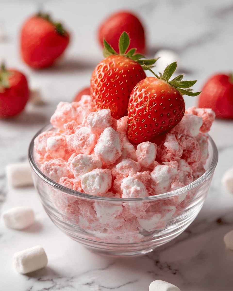A clear glass bowl filled with a creamy mixture of small white marshmallows coated in a pink powder, creating a textured and slightly fluffy appearance. On top of the mixture, two halved strawberries with bright red flesh and green leaves are placed side by side as a garnish. The bowl sits on a white marbled surface with a few scattered marshmallows and whole strawberries in the blurred background. photo taken with an iphone --ar 4:5 --v 7