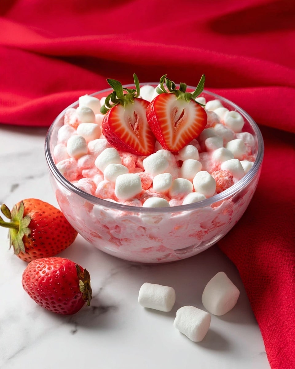 A clear glass bowl filled with a marshmallow salad mixture, which has two main visible layers: the base layer is small white marshmallows, and the top layer is a pink-colored creamy coating that covers the marshmallows evenly. On top, there are two halved strawberries with visible seeds and green leafy tops placed side by side. Outside the bowl, two whole strawberries and three small marshmallows are scattered on a white marbled surface. A bright red cloth is folded on the bottom right edge of the image. Photo taken with an iphone --ar 4:5 --v 7