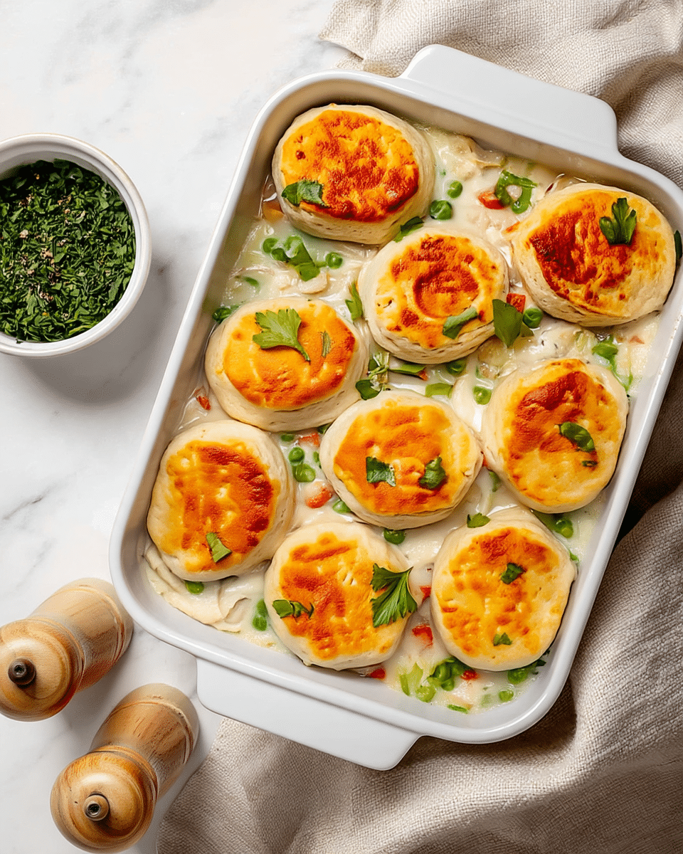 A white baking dish contains eight golden-brown biscuits arranged evenly in two rows atop a creamy mixture filled with visible small green peas and orange carrot pieces; bright green herb leaves are scattered over the biscuits and cream, adding a fresh color contrast. The dish sits on a soft beige cloth on a white marbled surface, with a small white bowl of chopped green herbs placed to the left and two wooden spice grinders partially visible in the bottom left corner. photo taken with an iphone --ar 4:5 --v 7