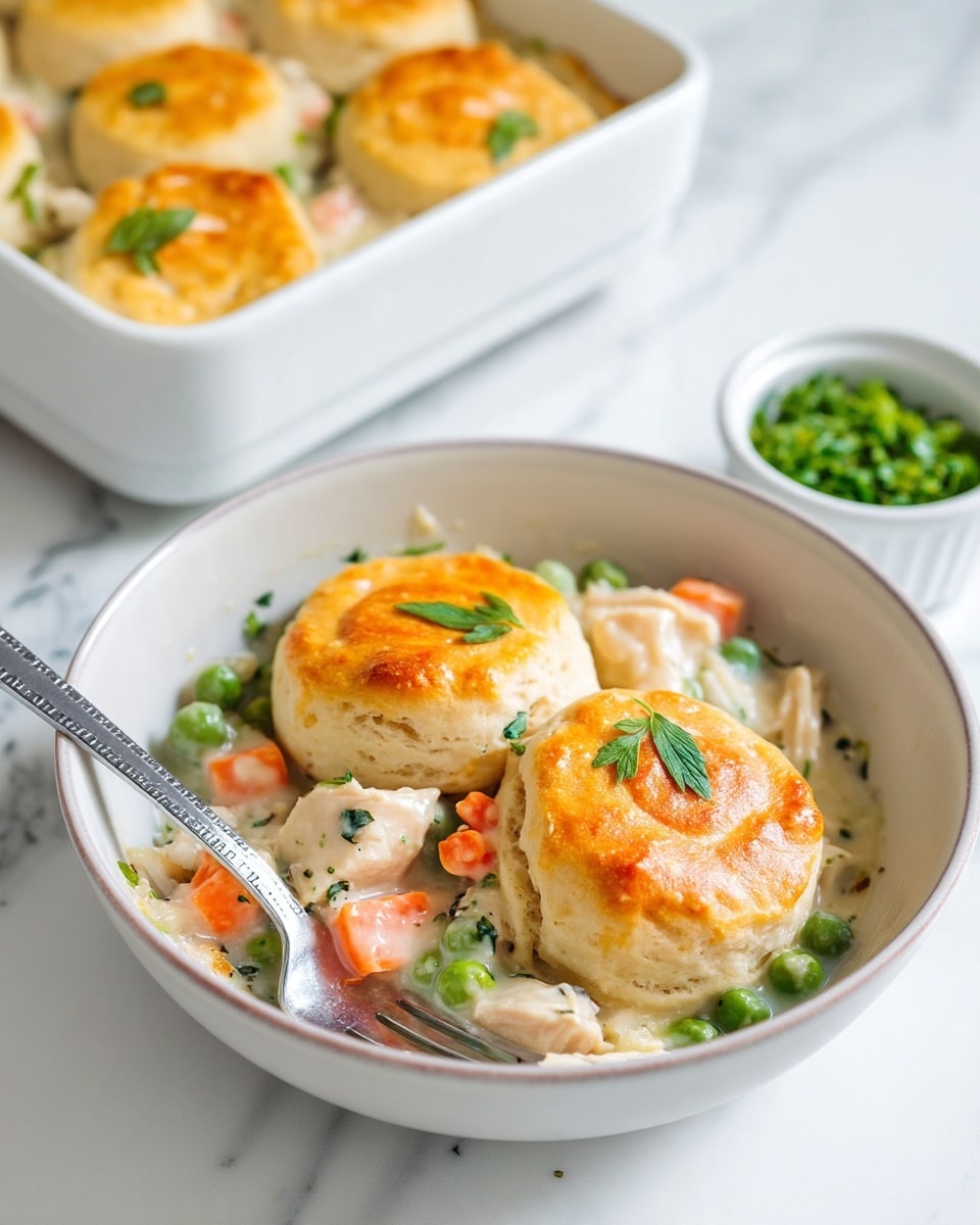 A white bowl sits on a white marbled surface, holding a creamy chicken and vegetable stew base filled with chunks of white chicken, bright orange carrot cubes, and green peas. On top of this, two golden brown, round biscuits rest side by side, each biscuit showing a slightly glossy and flaky texture with a small green herb leaf on top. The bowl also contains a silver fork partially submerged in the stew. In the background, a white rectangular baking dish filled with the same biscuit-topped stew is partially visible, along with a small white ramekin of chopped green herbs. photo taken with an iphone --ar 4:5 --v 7