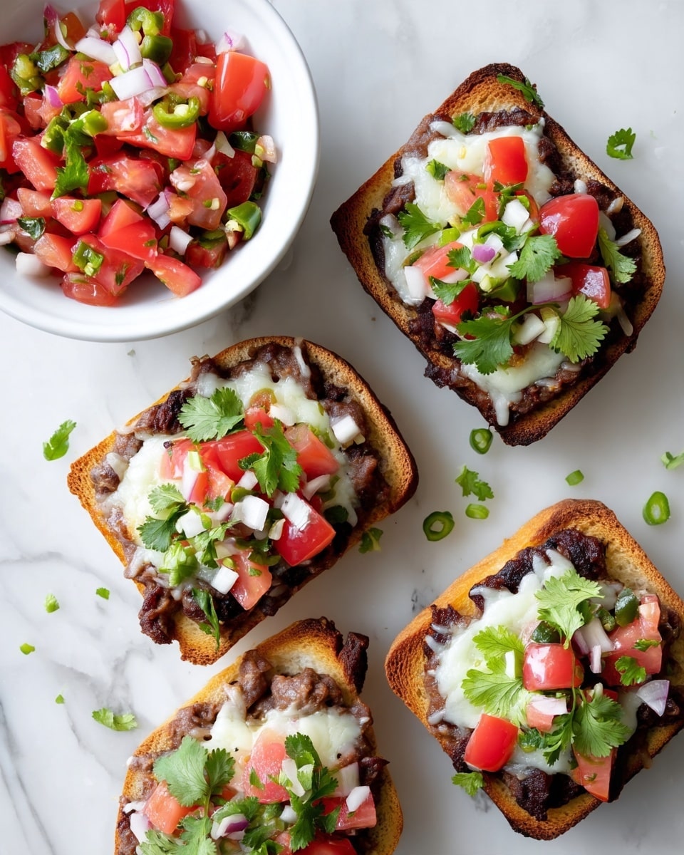 The image shows four small toasted slices of bread on a white marbled surface, each topped with a thick layer of dark brown refried beans, a melted layer of white cheese, and a fresh mixture of diced red tomatoes, white onion pieces, green jalapeño bits, and cilantro leaves, all arranged neatly with bright colors and fresh textures. To the top left, there is a white bowl filled with the same fresh tomato, onion, jalapeño, and cilantro mix, glistening with light juice. The whole scene is bright and clean, emphasizing the freshness and color contrast of the ingredients. Photo taken with an iphone --ar 4:5 --v 7