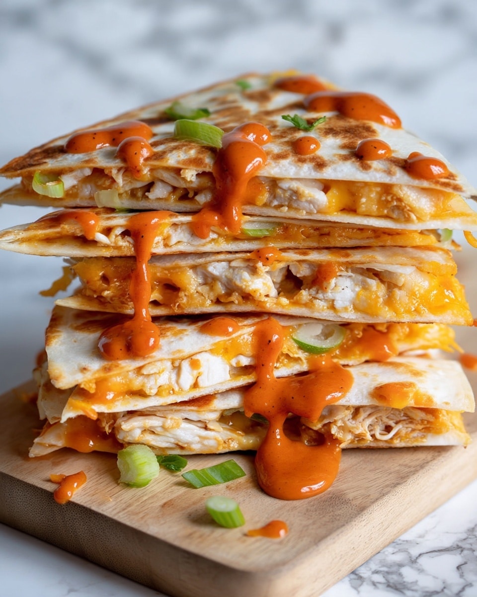 A stack of four triangular quesadilla pieces is shown close up, each layer made of golden-brown grilled white tortillas filled with shredded white chicken and melted orange cheese, with bits of green onion peeking out between some layers. The top and middle layers have dollops of bright orange creamy sauce dripping down the sides. The quesadillas are placed on a wooden board against a white marbled textured background. photo taken with an iphone --ar 4:5 --v 7