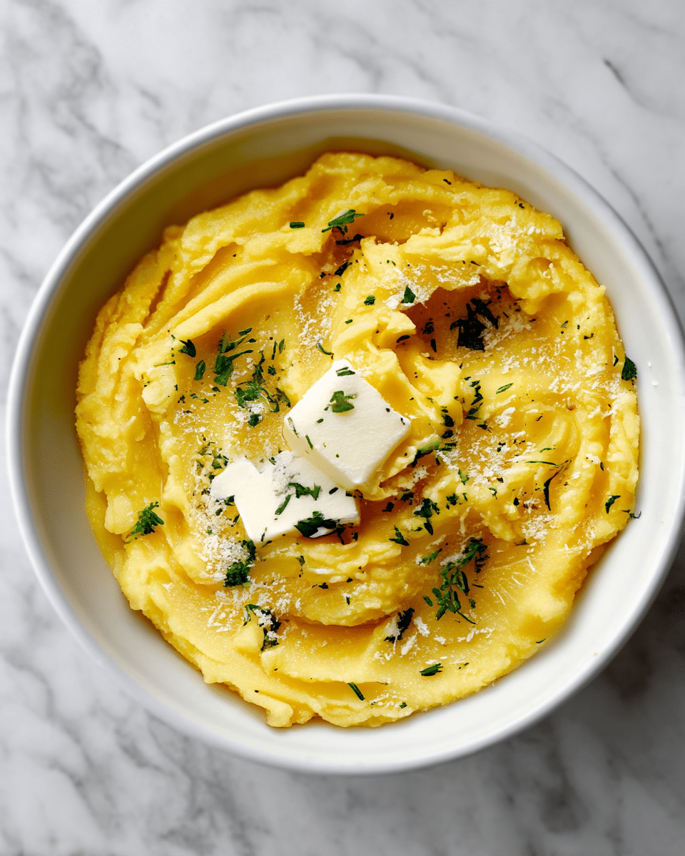 A white bowl filled with smooth, creamy yellow polenta that is swirled to create a soft textured surface. Two small cubes of white butter sit on top in the center, beginning to melt slightly. The polenta is sprinkled with finely chopped green herbs and a light dusting of grated cheese adding a touch of contrast. The bowl is placed on a white marbled textured surface. photo taken with an iphone --ar 4:5 --v 7