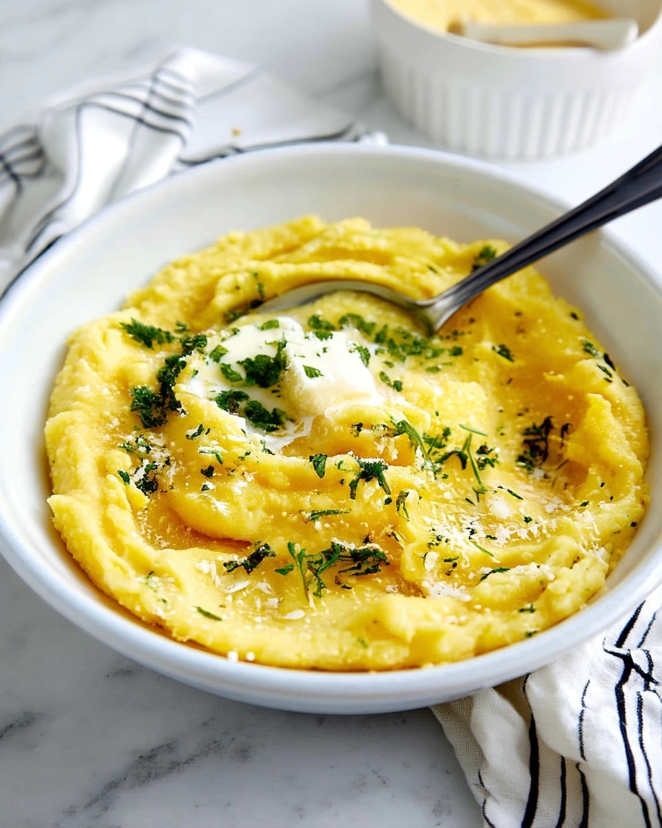 A white bowl filled with creamy yellow polenta with a smooth, slightly grainy texture, swirled with a soft dollop of melted butter in the center, sprinkled generously with finely chopped fresh green herbs and grated cheese, a silver spoon resting inside the bowl scooping some of the polenta, all placed on a white marbled surface with a white dish and a black-and-white striped cloth napkin in the blurred background, photo taken with an iphone --ar 4:5 --v 7