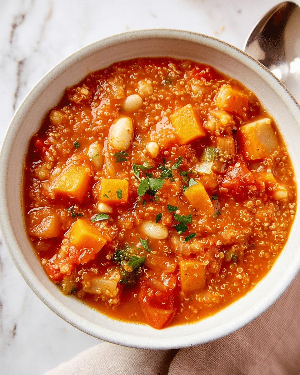 The image shows a close-up of a white bowl filled with a thick, chunky soup or stew. The dish has a reddish-orange base, likely tomato-based, with visible layers of small yellow-orange cubes, white beans, and tiny light brown quinoa grains evenly spread throughout. There are bits of chopped green herbs sprinkled on top for garnish. The texture appears soft and hearty with a mix of smooth broth and chunky vegetables. The bowl sits on a white marbled surface with a beige cloth and cream-colored spoon partially visible nearby. Photo taken with an iphone --ar 4:5 --v 7