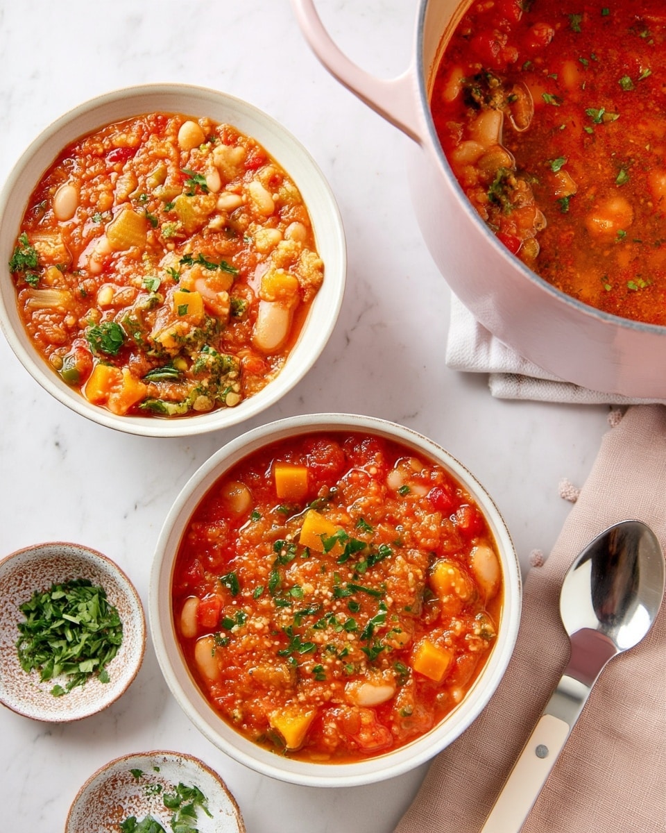 The image shows three white bowls filled with a thick, chunky red-orange soup that has visible pieces of yellow and orange vegetables, white beans, and finely chopped green herbs sprinkled on top. The soup has a textured, slightly grainy surface with colorful vegetable bits spread throughout, and the bowls are placed on a white marbled surface. To the right, there is a large pink pot partially visible, which holds more of the soup. Near the bottom right corner, a beige cloth napkin and a white-handled spoon with silver ends are placed next to one bowl. A small stoneware bowl containing chopped green herbs appears near the bottom left corner. Photo taken with an iphone --ar 4:5 --v 7