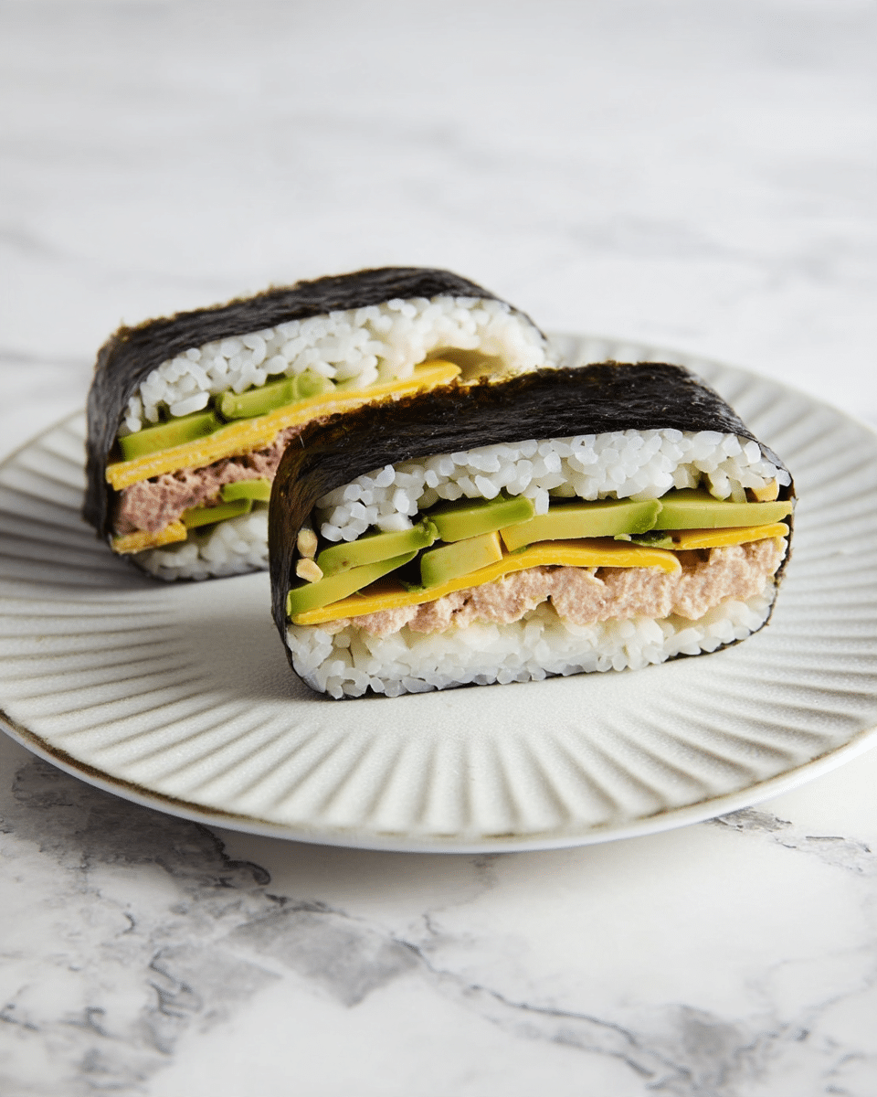 Two halves of a sushi sandwich are placed on a white round plate with ribbed edges, set on a white marbled texture surface. Each sandwich has a dark seaweed layer wrapped around the outside, with a thick layer of white rice inside. The filling has four clear layers: light pink tuna salad at the center, a thin bright yellow omelet layer on top of and beneath the tuna, and slices of green avocado between the omelet layers and rice. The overall look is clean and fresh with contrasting colors and textures. Photo taken with an iphone --ar 4:5 --v 7