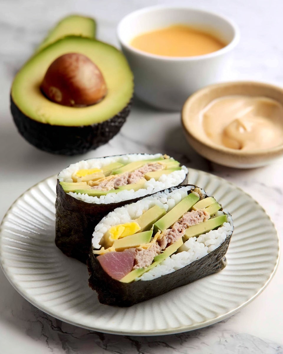Two halves of a sushi roll are placed on a white plate with ridged edges, set on a white marbled surface. Each roll has four visible layers: a dark green seaweed outer layer, a thick layer of white sticky rice, slices of green avocado, and a mix of light pink tuna and pale yellow egg strips in the center. In the background, there is a halved avocado showing its green fruit with a brown pit, and a small white bowl filled with a creamy, light orange sauce. Photo taken with an iphone --ar 4:5 --v 7
