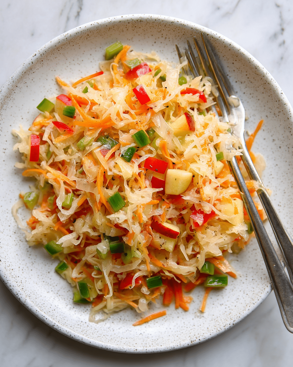 The image shows a close-up of a white speckled plate filled with a colorful salad. The salad has three visible layers of shredded light beige sauerkraut, small bright orange carrot strips, tiny green celery pieces, and red and yellow diced apple chunks scattered throughout. Two silver forks rest on the top right side of the plate, partially immersed in the salad. The plate sits on a white marbled surface, highlighting the vibrant colors of the salad. photo taken with an iphone --ar 4:5 --v 7