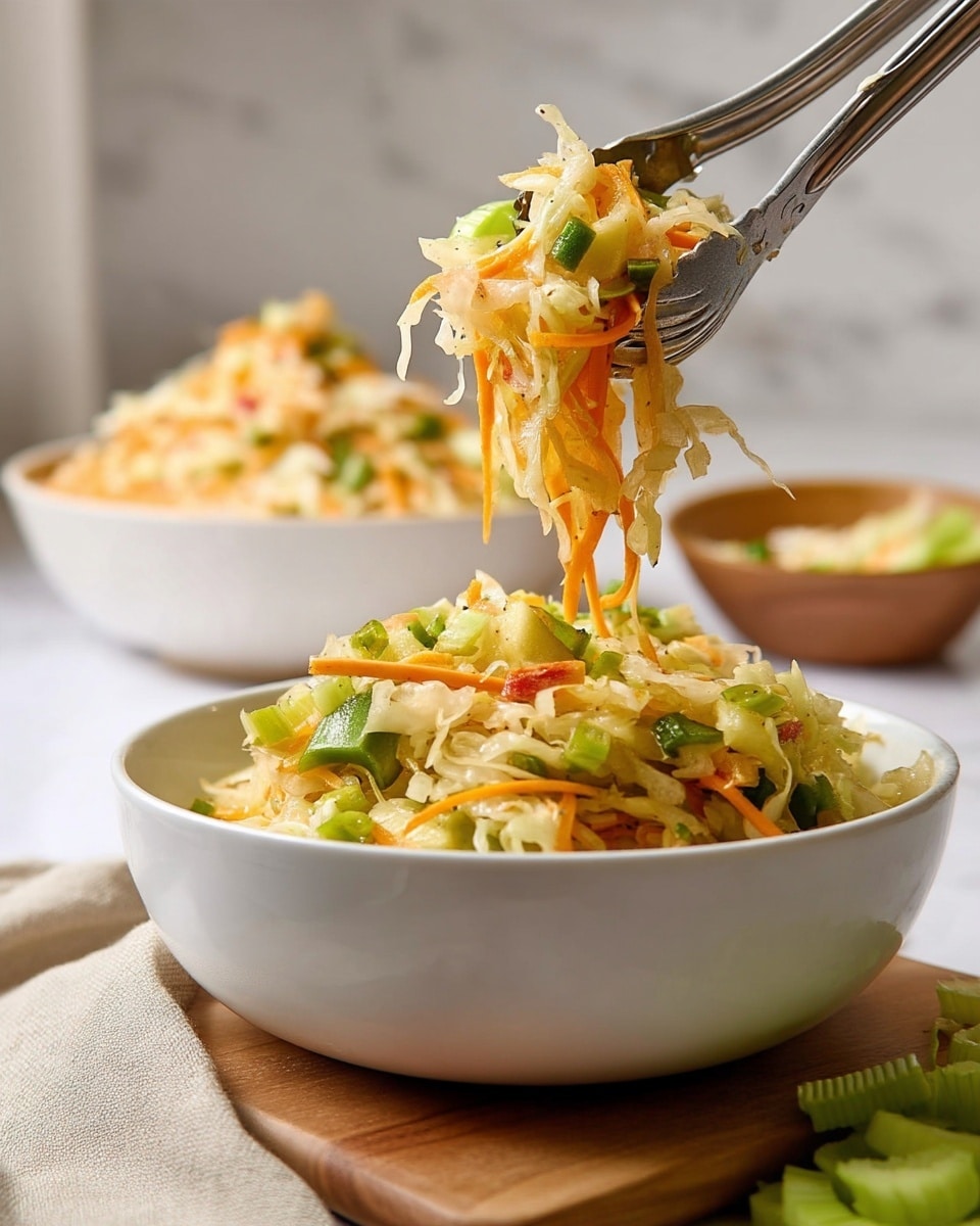 A close-up of a white bowl filled with a mixed vegetable salad that has roughly three layers: the bottom layer is shredded pale cabbage, the middle contains thin orange carrot strips, and the top layer has chopped green bell peppers and celery pieces adding a fresh crunch, all combined with small light chunks of apple. Shiny metal tongs are lifting a heap of the mixed salad out of the bowl, showing the textures clearly. Behind the bowl, there is a small pile of sliced celery on a wooden cutting board, and another white bowl with the same salad mixture is softly blurred in the background. The setting is on a white marbled surface with a beige cloth partially beneath the bowl. Photo taken with an iphone --ar 4:5 --v 7