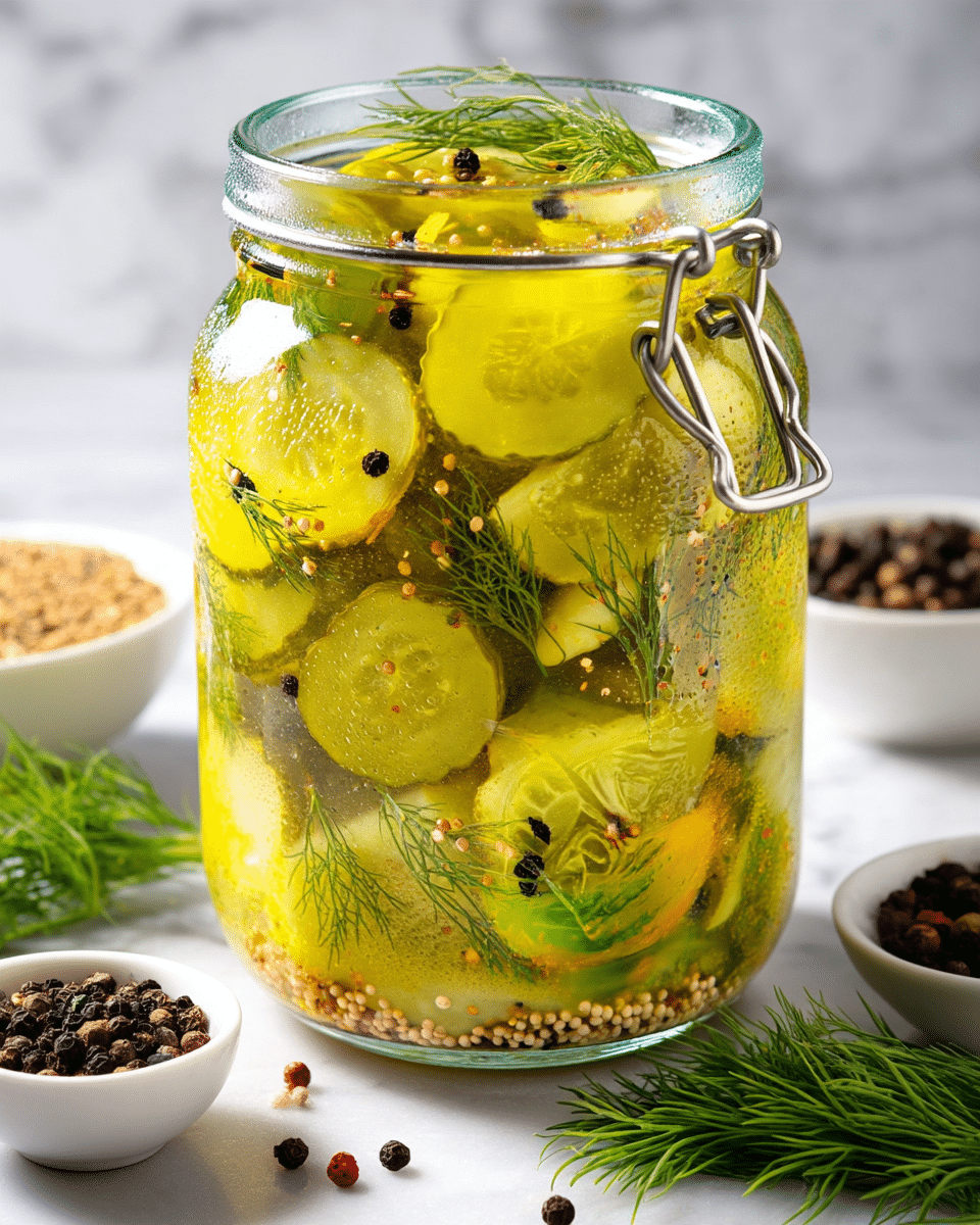 A clear glass jar filled with several layers of yellow-green pickle slices submerged in a light yellow brine, with visible black peppercorns, small white mustard seeds, and green dill sprigs spread throughout. The jar has a silver metal latch on the side and condensation on the outside, creating a fresh look. Surrounding the jar, there are white bowls containing various spices and fresh green dill on a white marbled surface. The image is close up, showing texture details of the pickles and spices. photo taken with an iphone --ar 4:5 --v 7