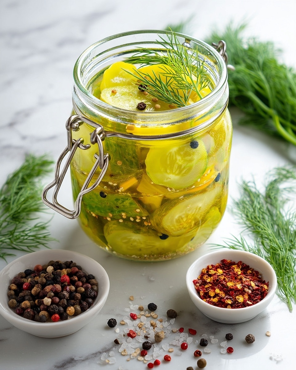 A clear glass jar with a metal clasp lid contains several layers of yellow-green cucumber slices submerged in a light yellow brine. Inside, there are visible small black peppercorns, white mustard seeds, and a sprig of fresh green dill near the top. Around the jar on a white marbled surface are small white bowls filled with crushed red pepper flakes, black peppercorns, and coriander seeds, along with extra sprigs of dill. The image is bright and clean with a fresh, homemade feel. photo taken with an iphone --ar 4:5 --v 7