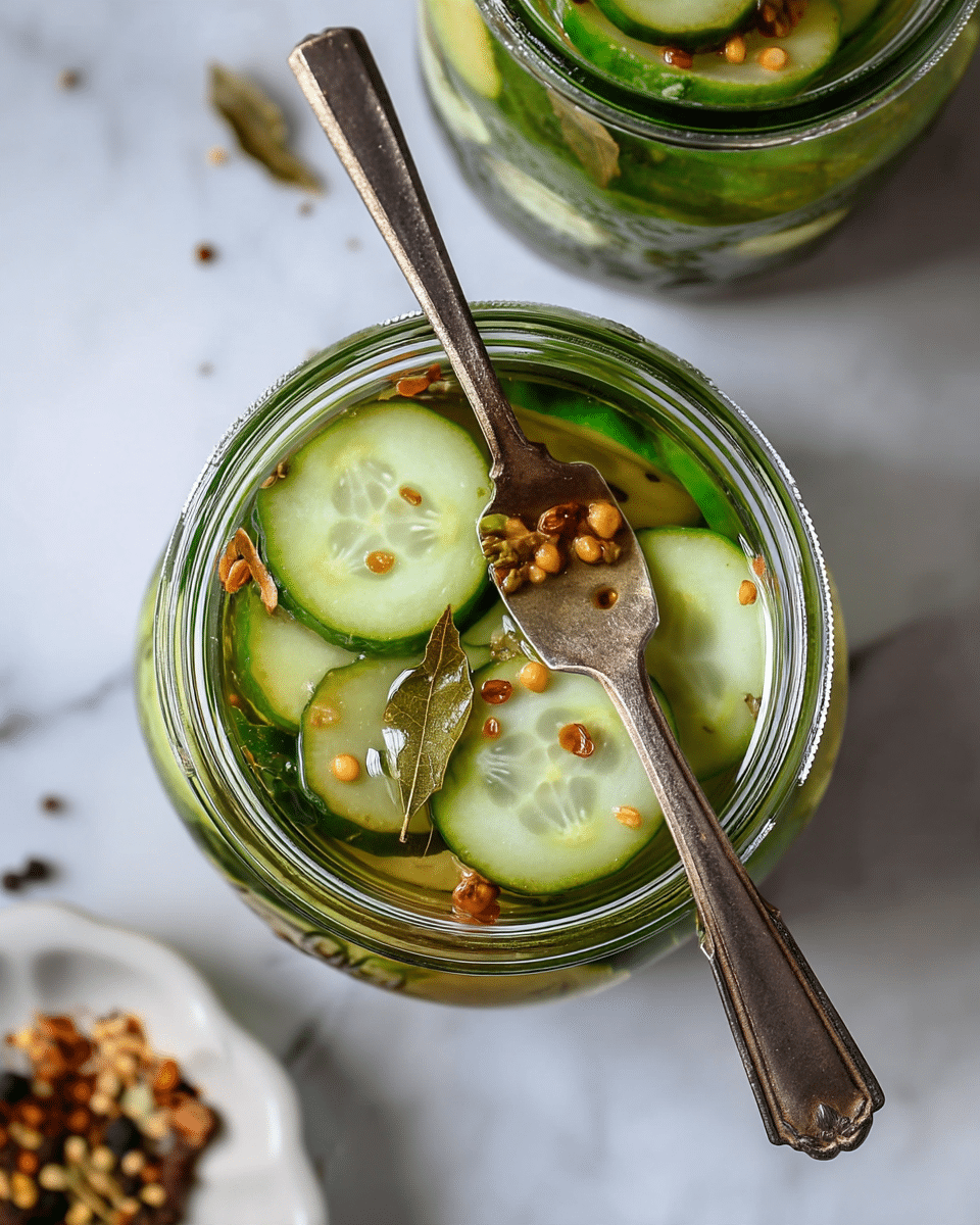 The image shows a close-up view from above of a glass jar filled with pickled cucumbers. There are three or four visible layers of cucumber slices, light green in the center and darker green around the edges, floating in clear pickling liquid. Scattered among the cucumber slices are small brownish-yellow seeds and some dried bay leaves, adding texture inside the jar. A vintage metal fork is partially dipped into the jar, with its flat surface resting on the cucumber slices. The jar sits on a white marbled surface, and part of another jar and a white plate with various spices are blurred nearby. photo taken with an iphone --ar 4:5 --v 7