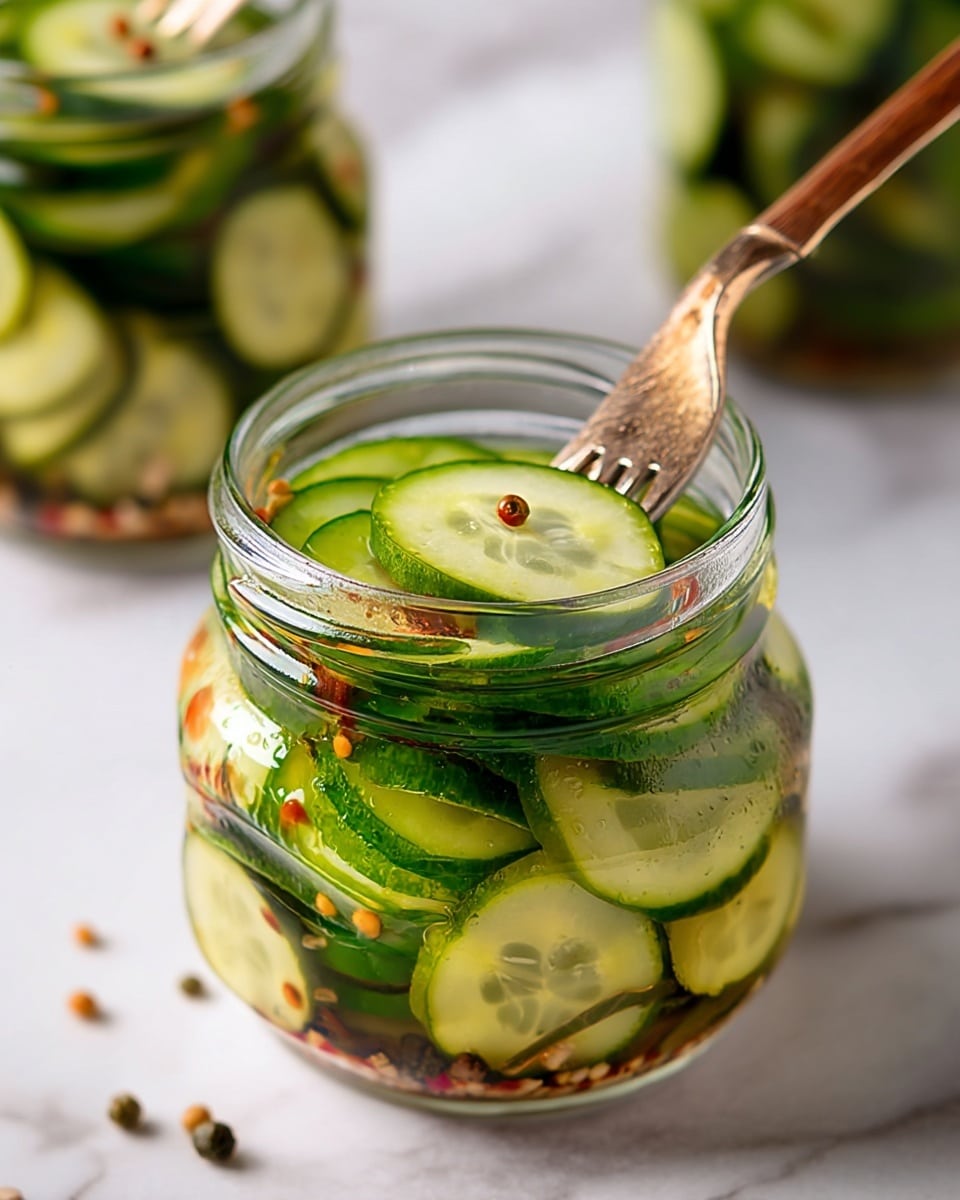 A close-up view of a clear glass jar filled with thin green cucumber slices soaked in a clear pickling liquid with visible spices like mustard seeds and peppercorns at the bottom. Two slices are at the jar's top, slightly tilted, held by a rustic wooden fork. The jar sits on a white marbled surface with another jar blurred in the background. Photo taken with an iphone --ar 4:5 --v 7