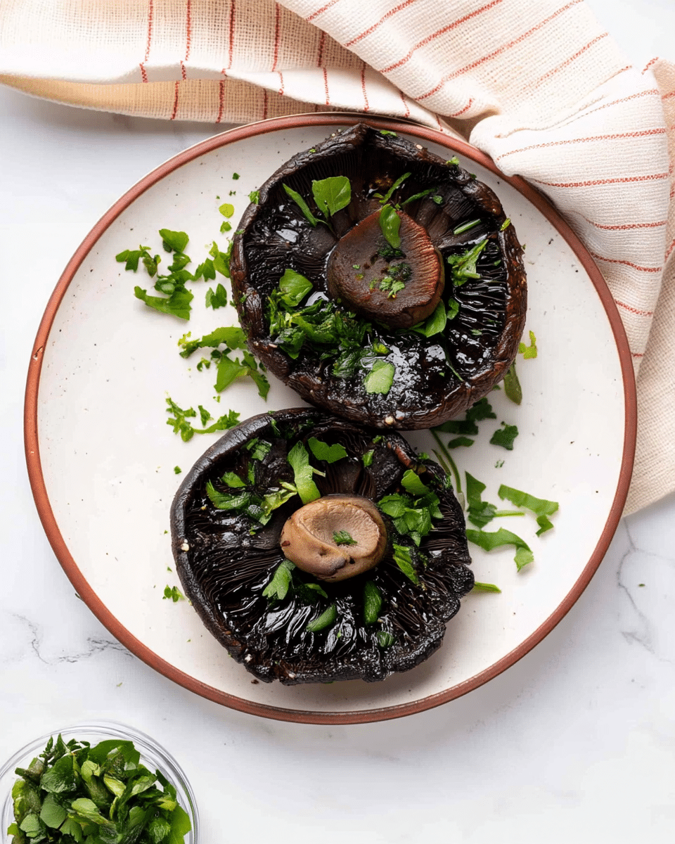 Two large, dark grilled portobello mushrooms with rich, slightly shiny textures, placed side by side on a white plate with a thin brown edge. Each mushroom has a small stem in the center, both topped with chopped bright green parsley scattered unevenly across and around them. The plate rests on a white marbled surface, with a cream-colored cloth with red stripes draped partly above it. At the bottom left, a small glass bowl filled with more chopped parsley is visible. photo taken with an iphone --ar 4:5 --v 7