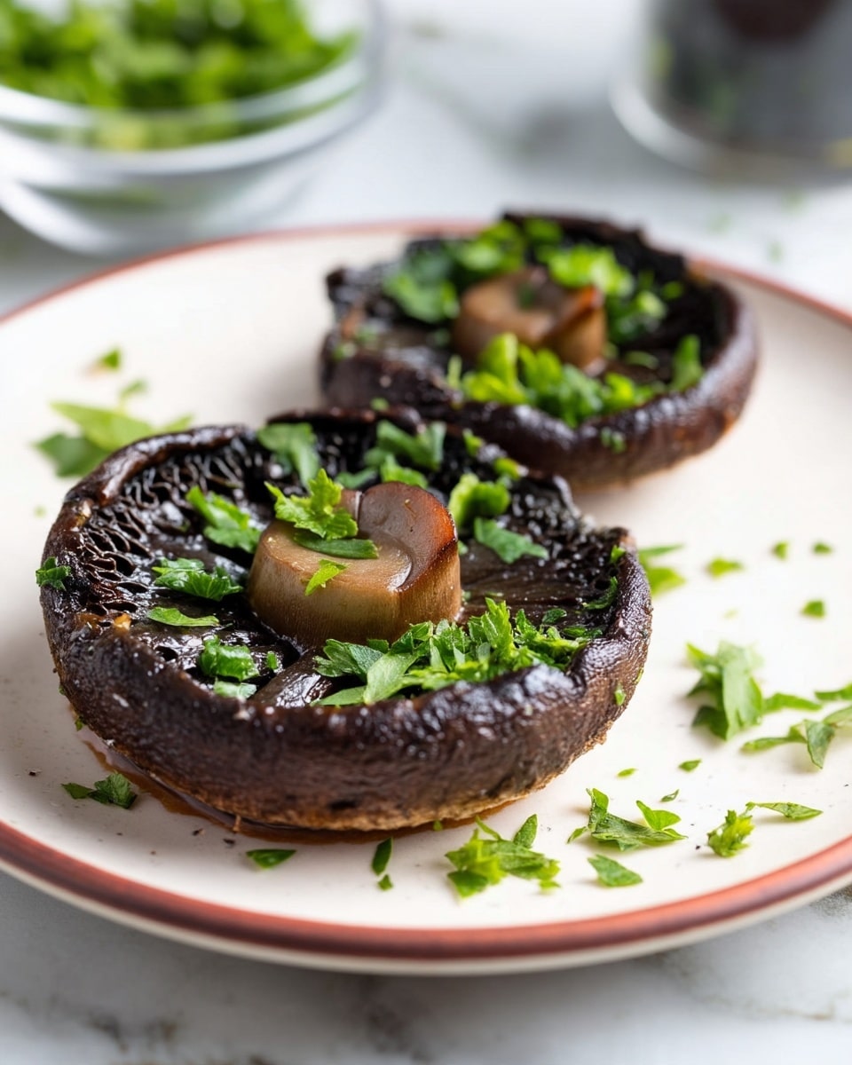 Two dark brown grilled mushrooms with textured caps are placed on a white plate with a thin red rim. The mushrooms have a glossy, cooked surface and a round stem in the center of each cap. Bright green chopped herbs are sprinkled on top and scattered around the plate, adding a fresh contrast. The white marbled texture surface under the plate is partly visible. In the background, a clear bowl with green herbs and a black object can be seen softly out of focus. photo taken with an iphone --ar 4:5 --v 7