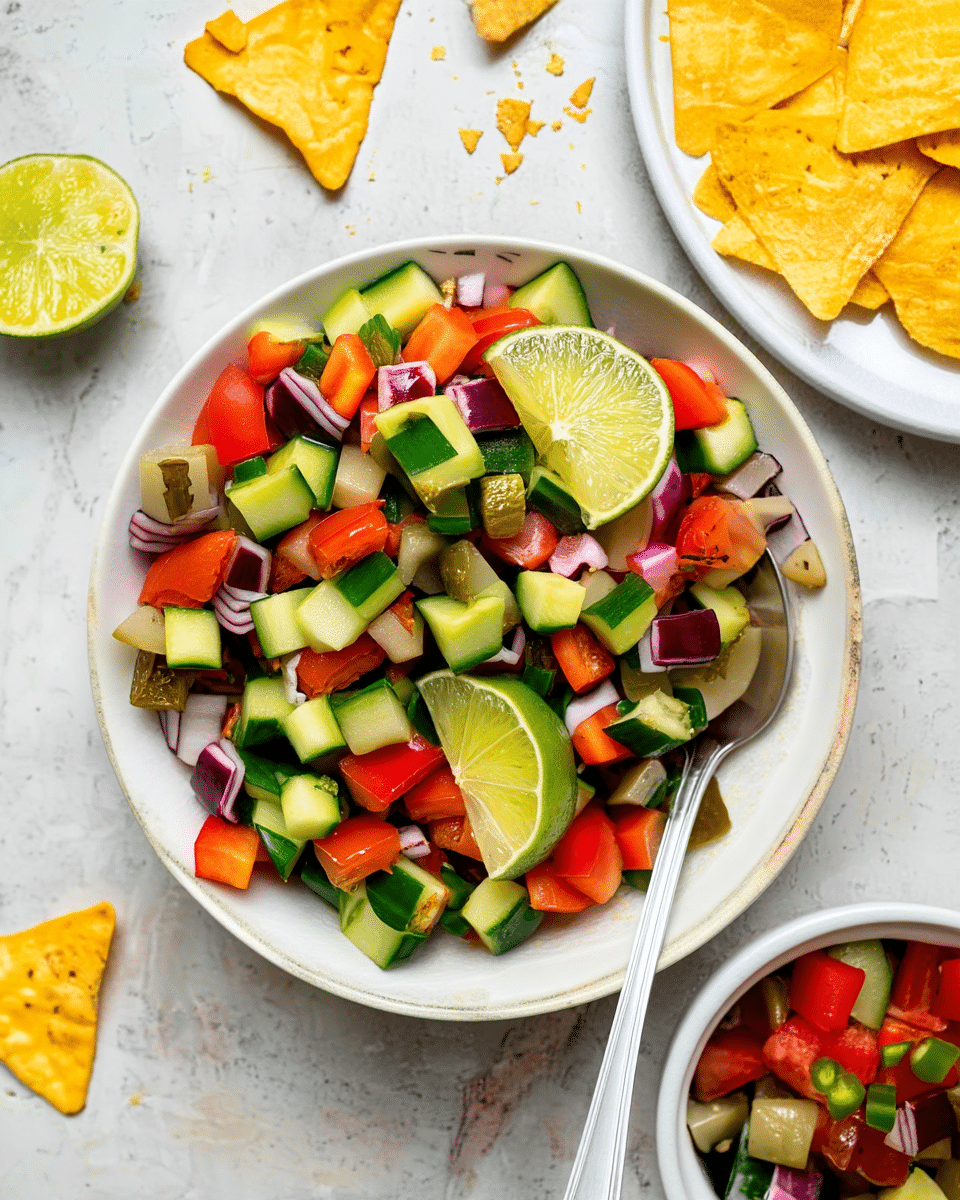 A white bowl filled with a colorful salad made of diced cucumber, red bell pepper, red onion, and pickles, all mixed together with two lime wedges placed on top. The salad shows a mix of green, red, purple, and light yellow colors with a fresh and crunchy texture. A silver spoon is placed inside the bowl, pointing outward. Around the bowl, there are several yellow tortilla chips scattered on a white marbled surface, along with a halved lime placed to the left side of the bowl. A small white bowl filled with similar salad pieces is visible at the bottom right, and a white plate of tortilla chips is partially seen on the right edge. Photo taken with an iphone --ar 4:5 --v 7