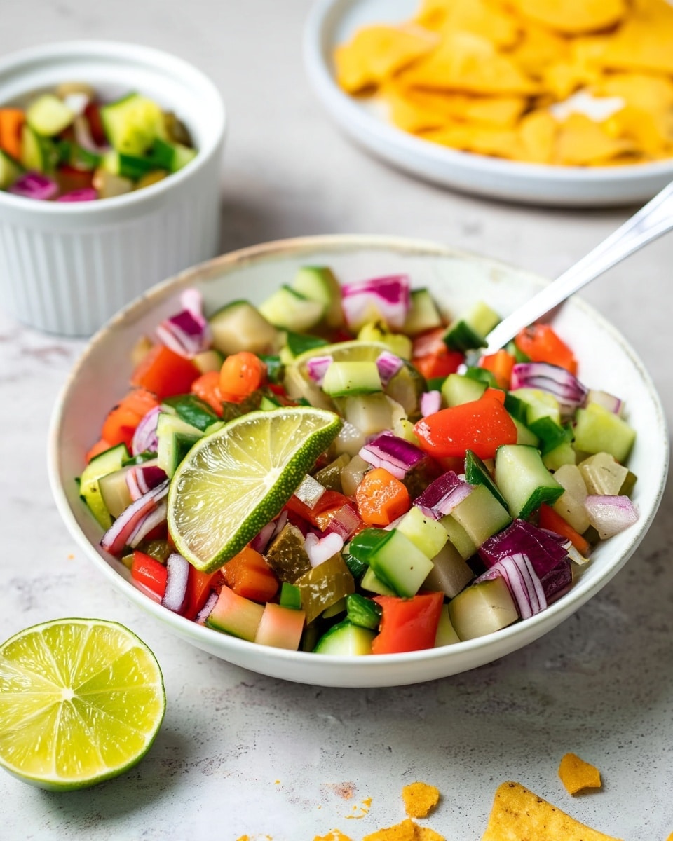 A white bowl filled with a colorful salad made up of chopped cucumbers, red bell peppers, red onions, and pickles, topped with two lime wedges placed on the top edge of the salad; the vegetables show a mix of green, red, and purple hues with a fresh and moist texture, a silver spoon is partially visible on the right side inside the bowl, sitting on a white marbled surface with a halved lime and some broken yellow tortilla chips scattered nearby; in the blurred background, another white plate holds whole yellow tortilla chips, and a small white ramekin contains more of the same salad. photo taken with an iphone --ar 4:5 --v 7