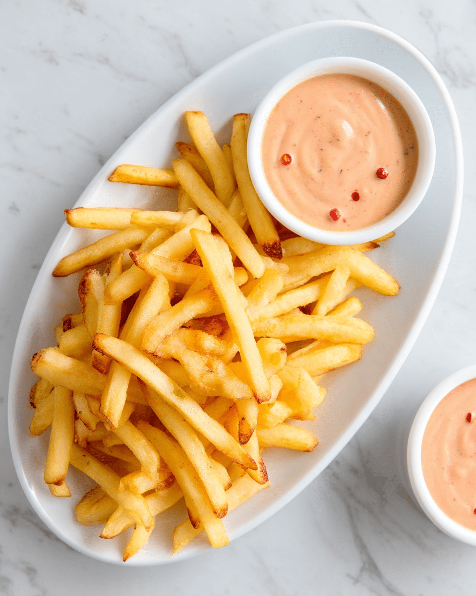 A white oval plate holds a heap of golden yellow French fries with some light brown crispy edges, placed on the left side. On the right side of the plate is a white bowl filled with a smooth, creamy, light peach-colored sauce with small red specks. Part of a second white bowl with the same sauce is visible at the bottom right corner. The background is a white marbled texture. photo taken with an iphone --ar 4:5 --v 7