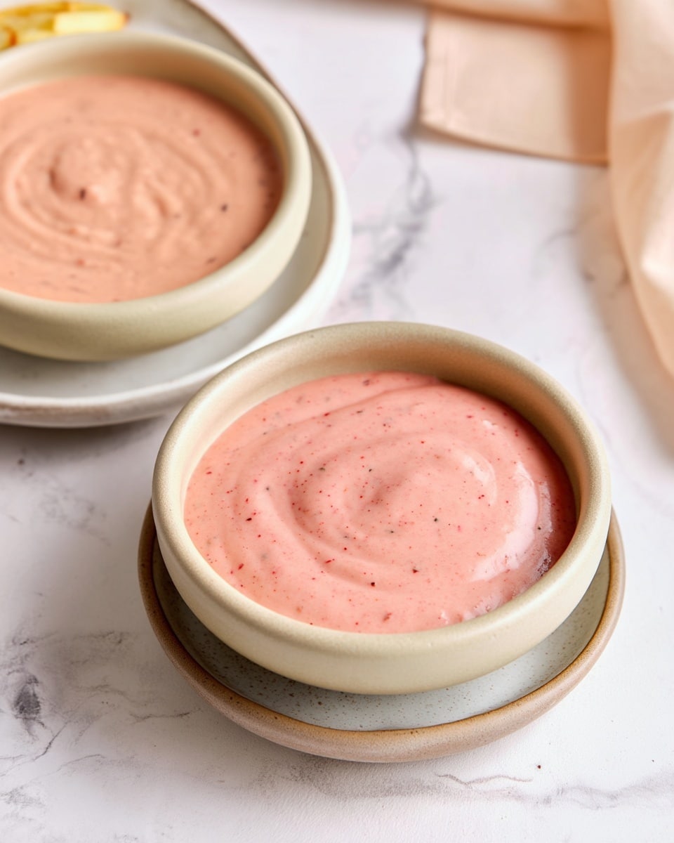 Two beige bowls filled with a smooth, creamy pink sauce sit on a white marbled surface. The bowl at the top left is placed on a white plate, showing thickness and small specks in the sauce. The closer bowl at the bottom right has a slightly more textured surface with soft swirls and tiny bits. The background includes a soft beige cloth blurred in the top right corner. photo taken with an iphone --ar 4:5 --v 7
