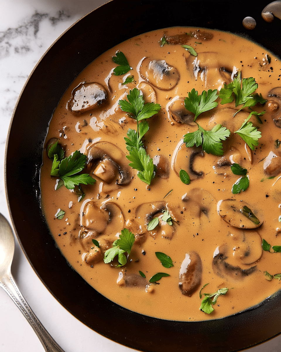 A close-up of a creamy mushroom sauce in a black pan set on a white marbled surface, showing sliced brown mushrooms evenly mixed in a smooth, light brown sauce with a slightly glossy texture; bright green parsley leaves are scattered on top, adding contrast and freshness to the warm, earthy tones of the sauce, with visible flecks of black pepper and small herb pieces dispersed throughout; a metal spoon is partially visible at the bottom left edge of the image. photo taken with an iphone --ar 4:5 --v 7