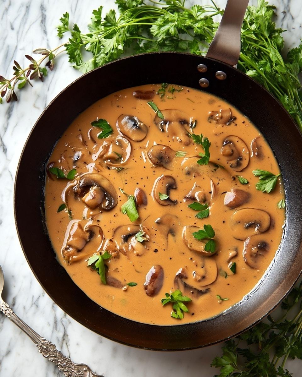 A close-up view of a black pan filled with creamy light brown mushroom sauce that has visible slices of cooked mushrooms floating on the surface, garnished with scattered small green herbs and parsley leaves. The pan rests on a white marbled surface with a vintage silver spoon placed nearby and a small bunch of fresh green herbs on the side. The light reflects softly on the sauce, showing its smooth and rich texture. photo taken with an iphone --ar 4:5 --v 7