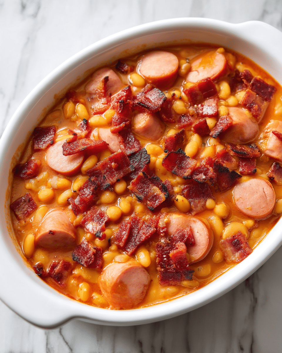 A close-up image of a white oval casserole dish filled with a thick stew that has a reddish-orange sauce base. The stew contains multiple layers of visible ingredients: large chunks of light pink sliced sausage, small yellow beans spread throughout, and crispy dark red pieces of bacon scattered on top. The textures range from soft and smooth sauce to slightly crispy bacon bits. The dish sits on a white marbled surface. photo taken with an iphone --ar 4:5 --v 7