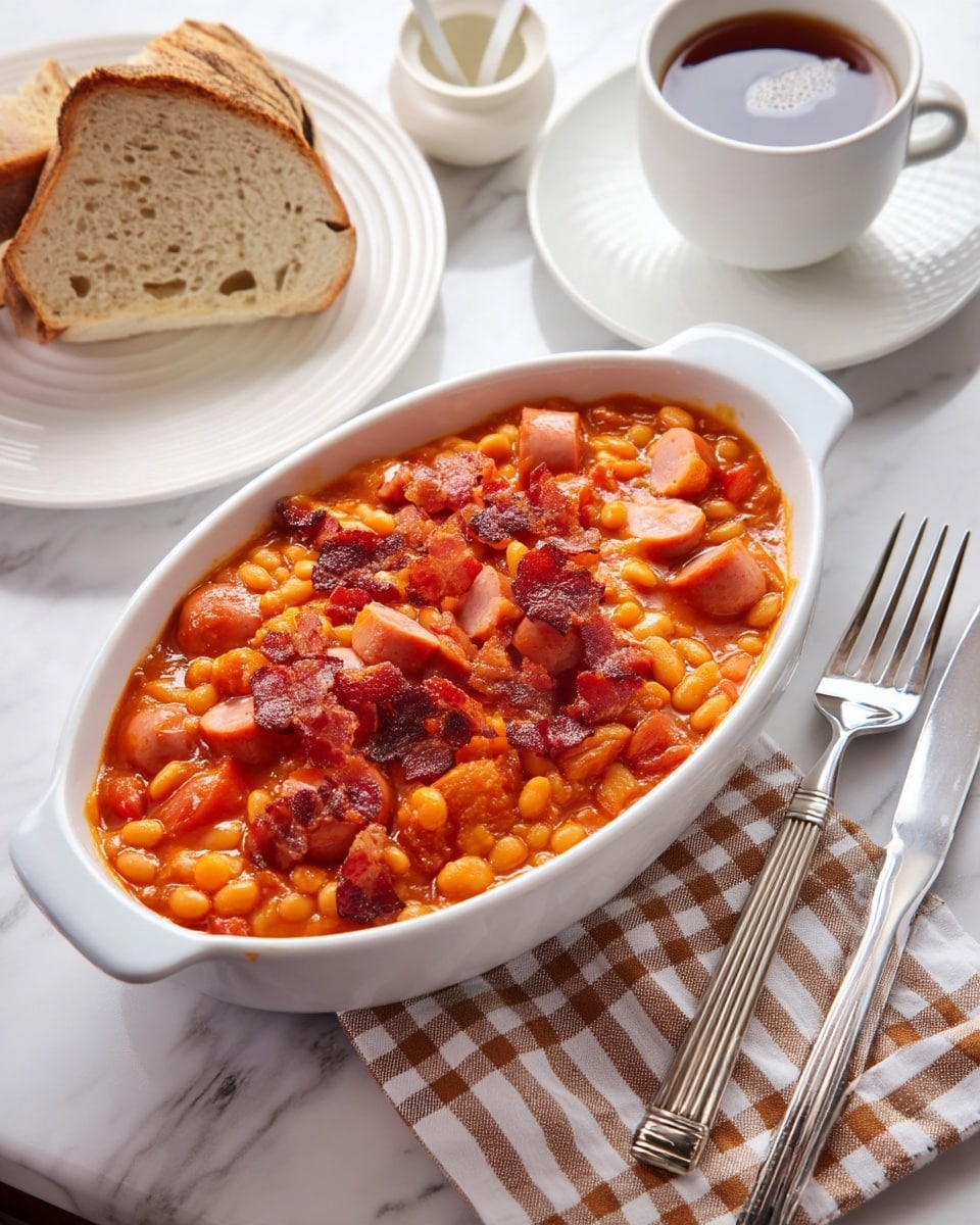 A white oval ceramic dish filled with a thick stew of baked beans in bright orange tomato sauce, mixed with light pink sliced sausages and topped with small pieces of dark crispy bacon scattered on top. The dish is placed on a white marbled surface with a brown and white checkered cloth napkin partly visible on the left. To the top left, a white plate holds two slices of crusty bread, and to the top right, there is a white cup with dark tea on a matching saucer. A small white container with a spoon is positioned between the dish and the tea. A silver fork and knife lie on the right side of the scene. Photo taken with an iphone --ar 4:5 --v 7
