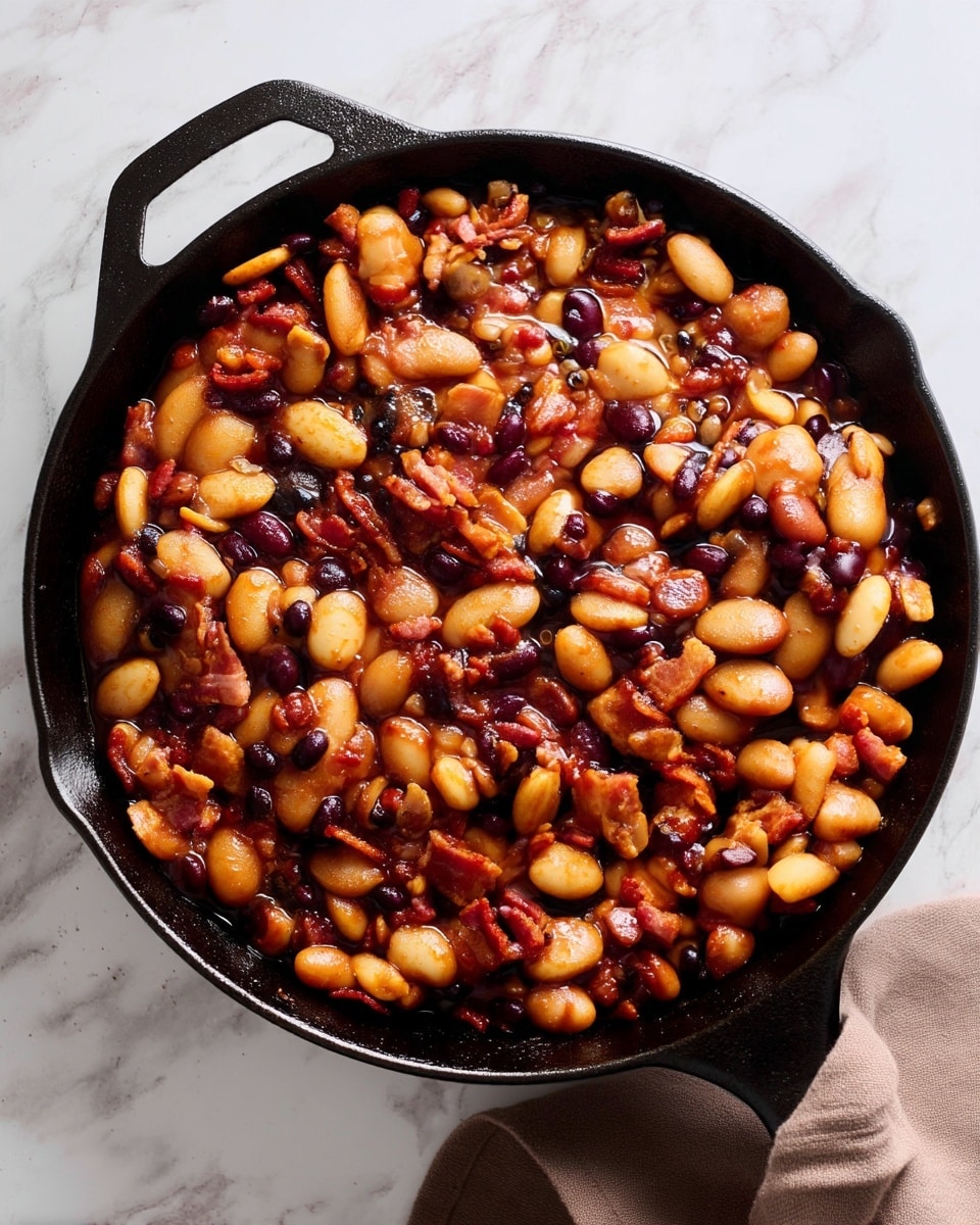A cast iron skillet filled with a mix of cooked beans including large white beans and smaller dark beans, all coated in a rich, thick reddish-brown sauce with visible bits of cooked bacon scattered throughout. The beans layer evenly across the skillet, giving a textured look with glossy and soft surfaces. Steam rises gently from the dish, indicating it is hot. The skillet sits on a white marbled surface, with a beige cloth partially visible near the bottom right corner. photo taken with an iphone --ar 4:5 --v 7