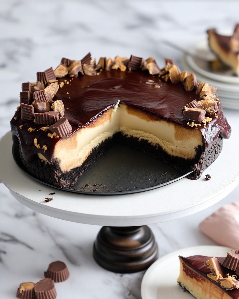 A three-layered cheesecake sits on a white cake stand with a dark brown base. The bottom layer is a thick, rough-textured dark chocolate crust, the middle layer is smooth and creamy light beige cheesecake, and the top layer is a glossy, dark chocolate ganache that spills slightly over the edges. Around the top edge of the ganache is a ring of chopped chocolate peanut butter candy pieces, adding a rough and chunky texture. The background has a soft white marbled texture. photo taken with an iphone --ar 4:5 --v 7