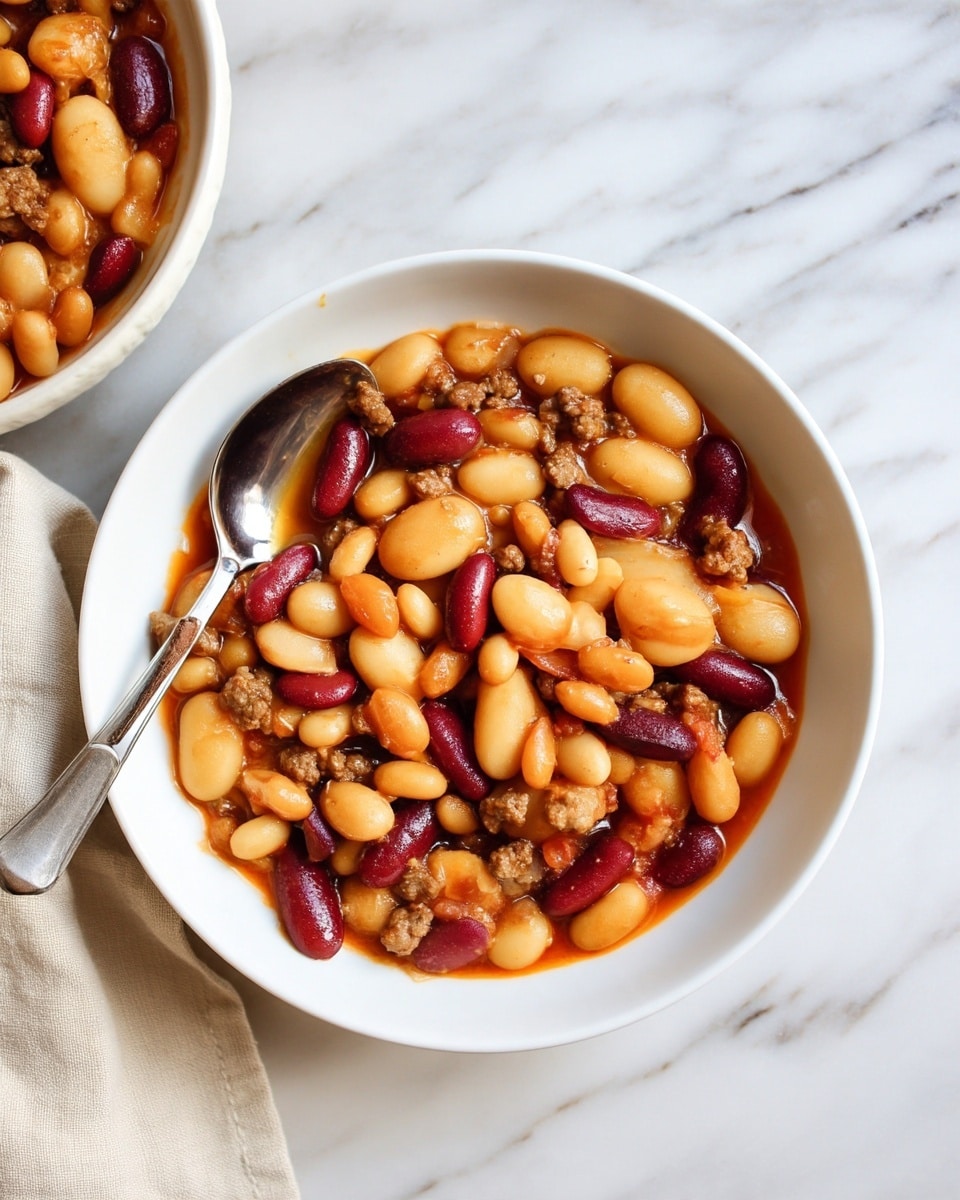 A white, shallow bowl filled with a hearty mix of three types of beans: large creamy white butter beans, small light brown beans, and medium-sized dark red kidney beans, all coated in a glossy, reddish-brown sauce. Interspersed among the beans are small crumbles of browned ground meat, adding texture and depth. A silver spoon rests inside the bowl on the left, partially submerged in the beans. The bowl sits on a white marbled surface with a beige cloth napkin peeking out from underneath on the bottom left side. The overall look is warm and comforting, with the beans and meat piled high and glistening. photo taken with an iphone --ar 4:5 --v 7