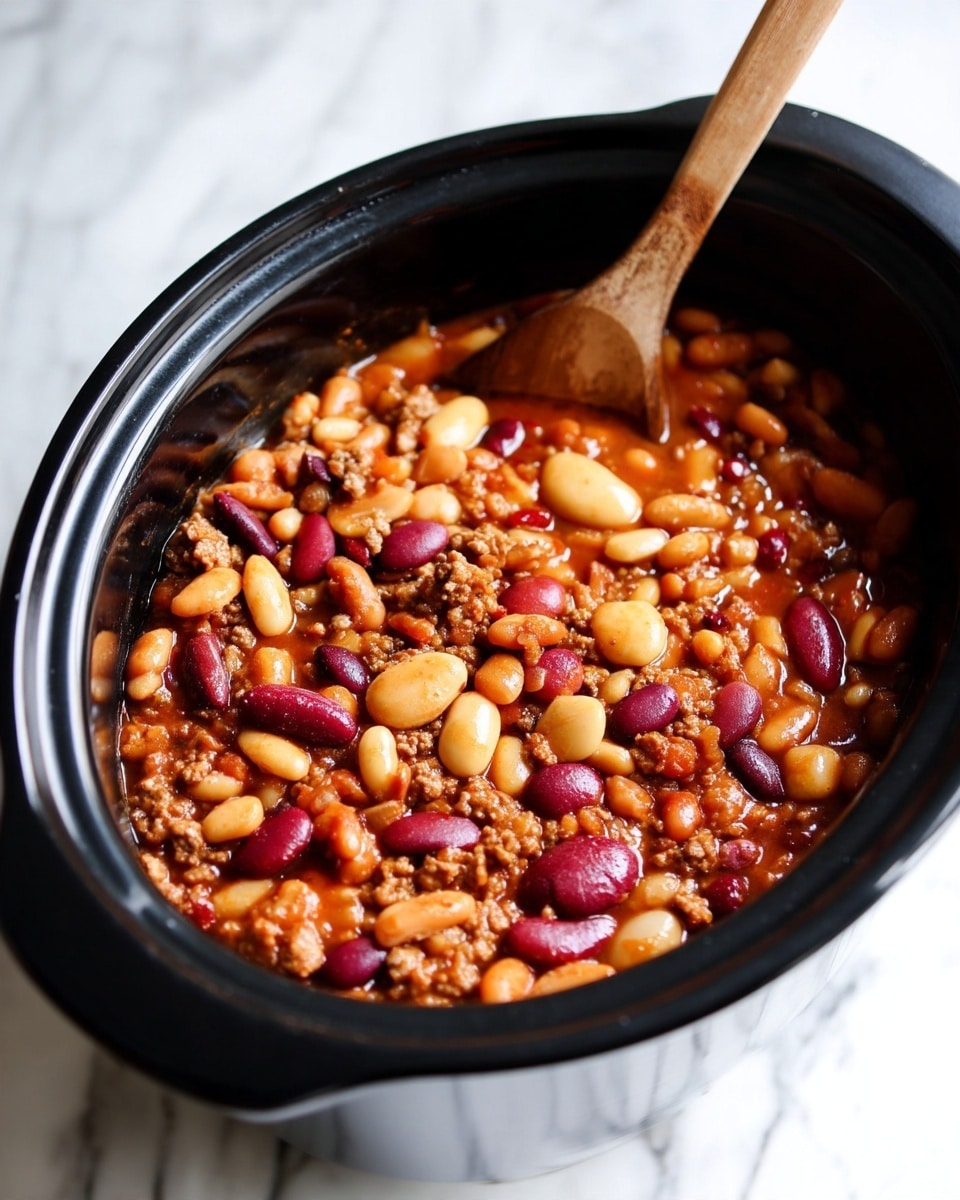 A close-up view of a black slow cooker filled with a thick mix of cooked beans and ground meat in a reddish-brown sauce. The dish shows different types of beans in colors like white, light brown, and dark red, evenly spread throughout and mixed with small bits of cooked ground meat. A wooden spoon is partly dipped on the right side, stirring the hearty stew. The slow cooker rests on a white marbled surface. photo taken with an iphone --ar 4:5 --v 7