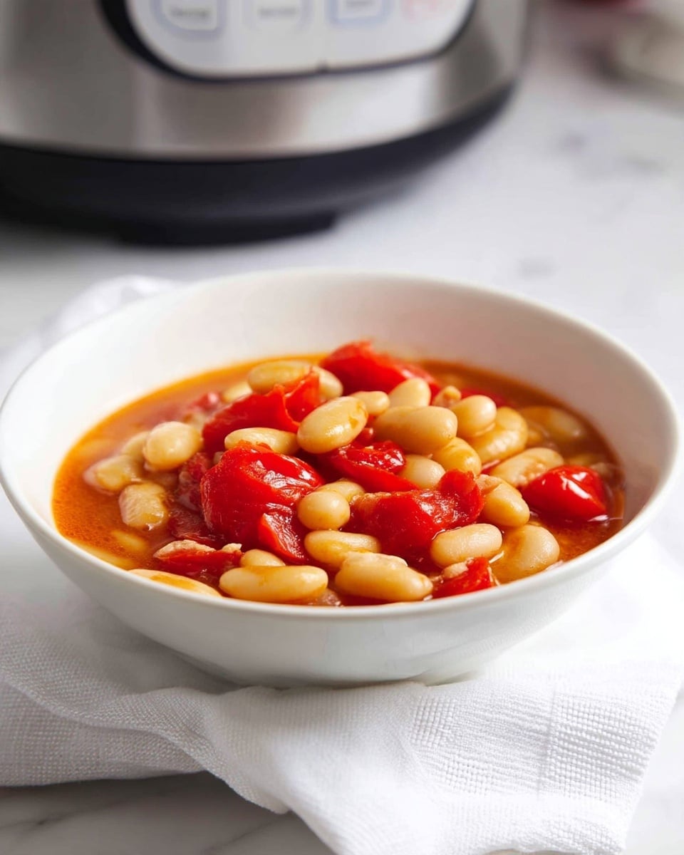 A close-up view of a white bowl filled with a thick stew consisting of creamy white beans and chunks of bright red tomatoes in a watery, light brown broth. The beans dominate the top layer, looking plump and soft, while the tomato pieces are scattered evenly throughout, their vibrant red color contrasting with the pale beans. The broth shines with a slight oily gleam, pooling around the beans and tomatoes and adding a glossy texture. The bowl rests on a white cloth over a white marbled surface. photo taken with an iphone --ar 4:5 --v 7