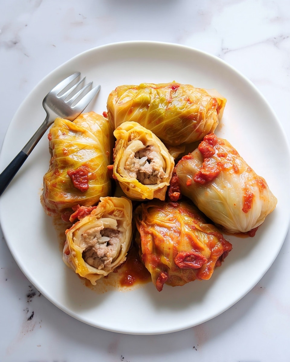 The image shows a white plate holding six stuffed cabbage rolls, each wrapped in tender, cooked pale yellow cabbage leaves with a slightly glossy texture. The cabbage rolls are coated with a reddish-orange tomato sauce that has small chunks of tomato spread on the surface. One cabbage roll is cut open, revealing a filling made of ground meat and rice with light beige and brown colors inside. There is a metal fork with a black handle placed diagonally near the food on the plate. The plate sits on a white marbled surface with soft lighting highlighting the textures and colors of the dish. photo taken with an iphone --ar 4:5 --v 7